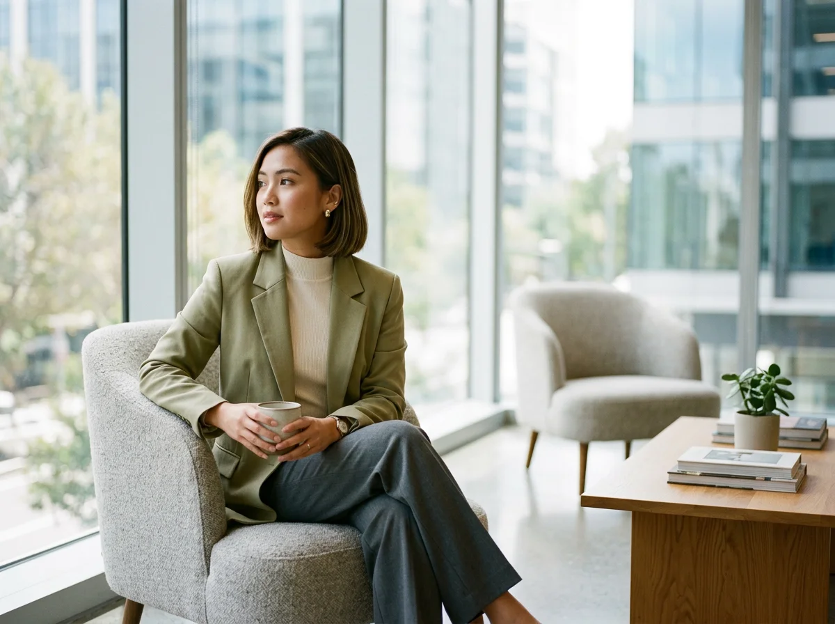 Businesswoman sitting with mug in a modern office lounge, large windows with city view in the background.
