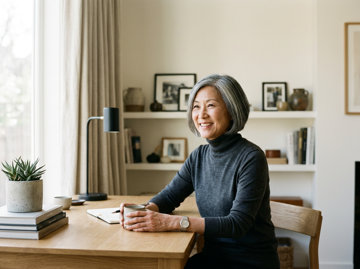Smiling elderly woman sitting at a wooden table in a well-lit room, holding a mug, with books, a potted plant, and framed photos in the background.