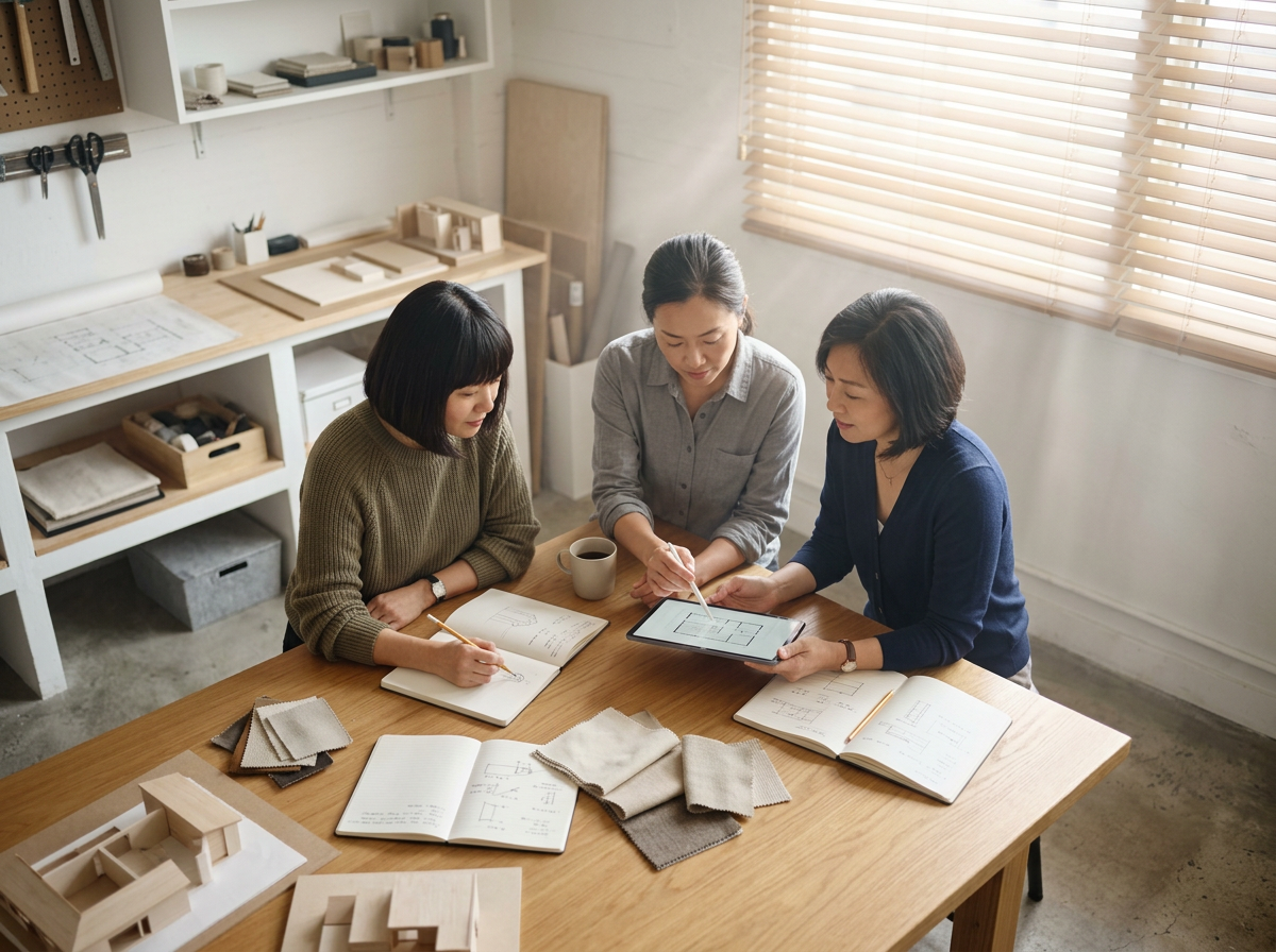 Three women discussing architecture plans and interior design ideas at a wooden table with samples, blueprints, and a tablet in a well-lit studio.