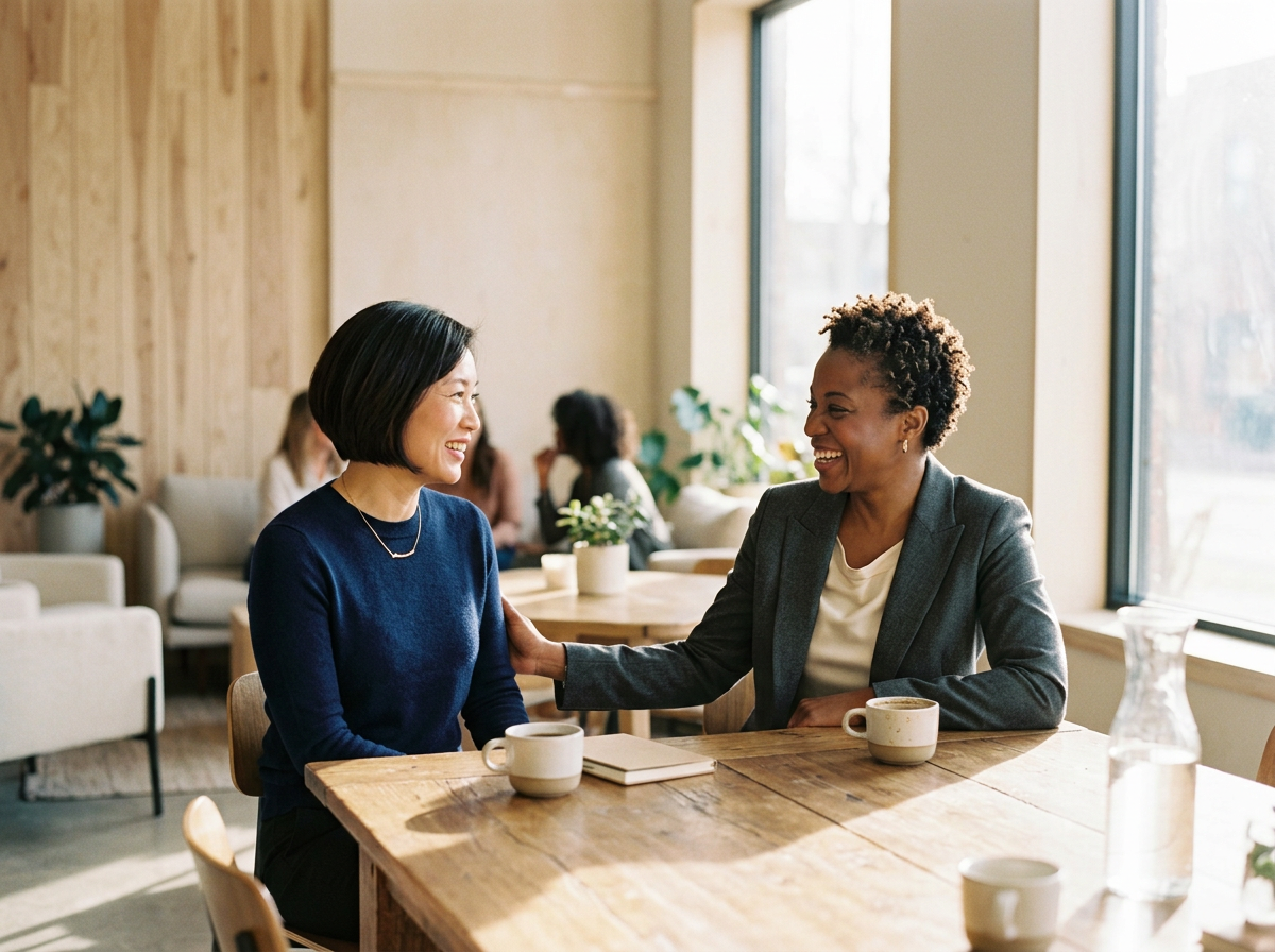 Two women with short hair smiling and talking in a cozy coffee shop, seated at a wooden table with two mugs and a notebook.