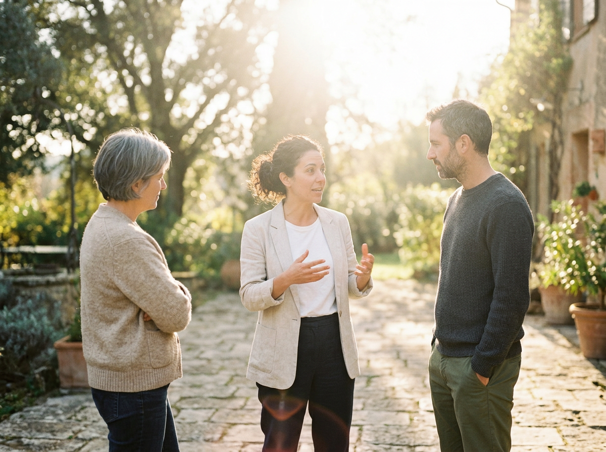 Three people having a conversation outdoors on a sunny day. One woman is speaking, and an older woman and a man are listening. They are standing on a stone pathway surrounded by trees and plants.