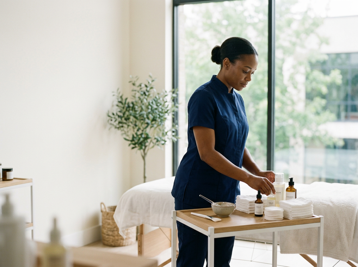 A woman in navy scrubs preparing skincare or massage products on a cart in a bright room with large windows and a massage table.