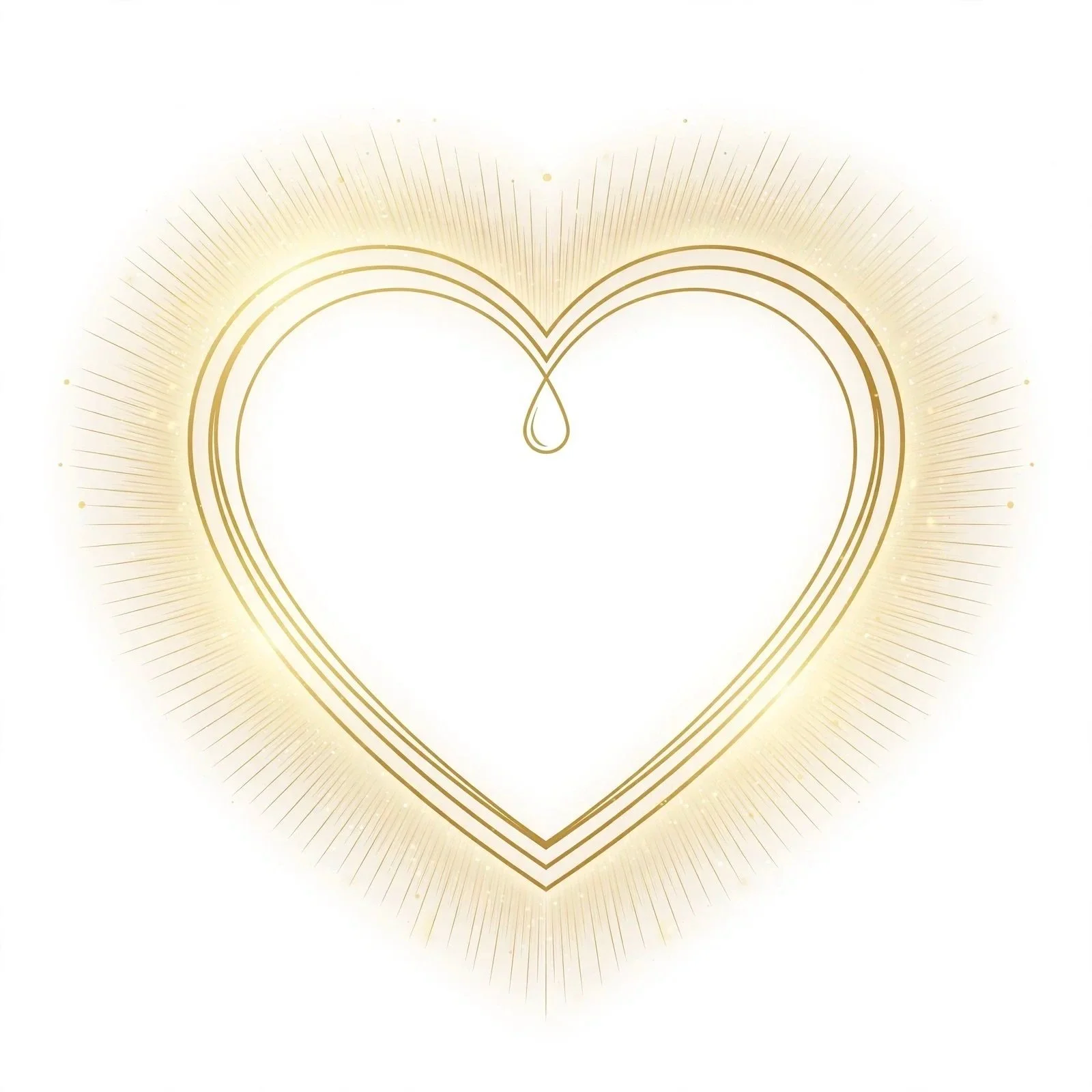 A white heart shape with gold outlines and a small droplet at the center, radiating gold lines and sparkles in the background.