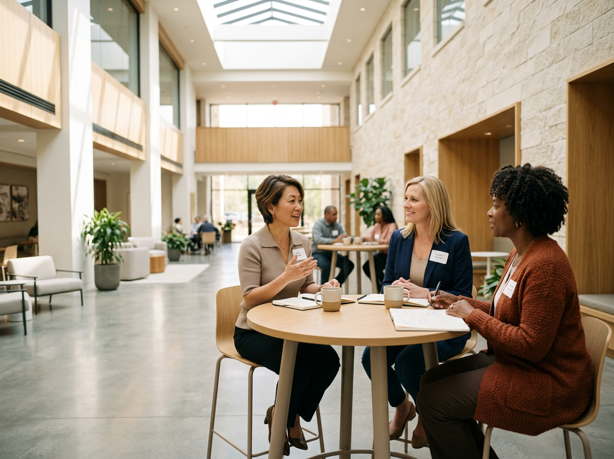 Three women are sitting at a round table in a bright, modern indoor space, engaged in conversation with coffee mugs and notebooks in front of them. Other people are visible in the background.