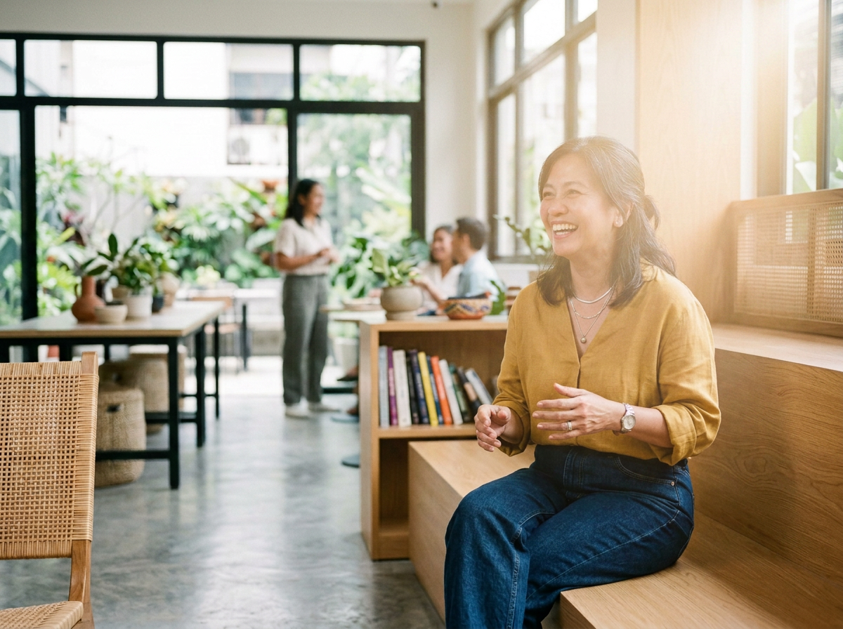 A smiling woman with dark hair sitting on a wooden bench in a bright, modern room with large windows and plants, while other people stand and talk in the background.