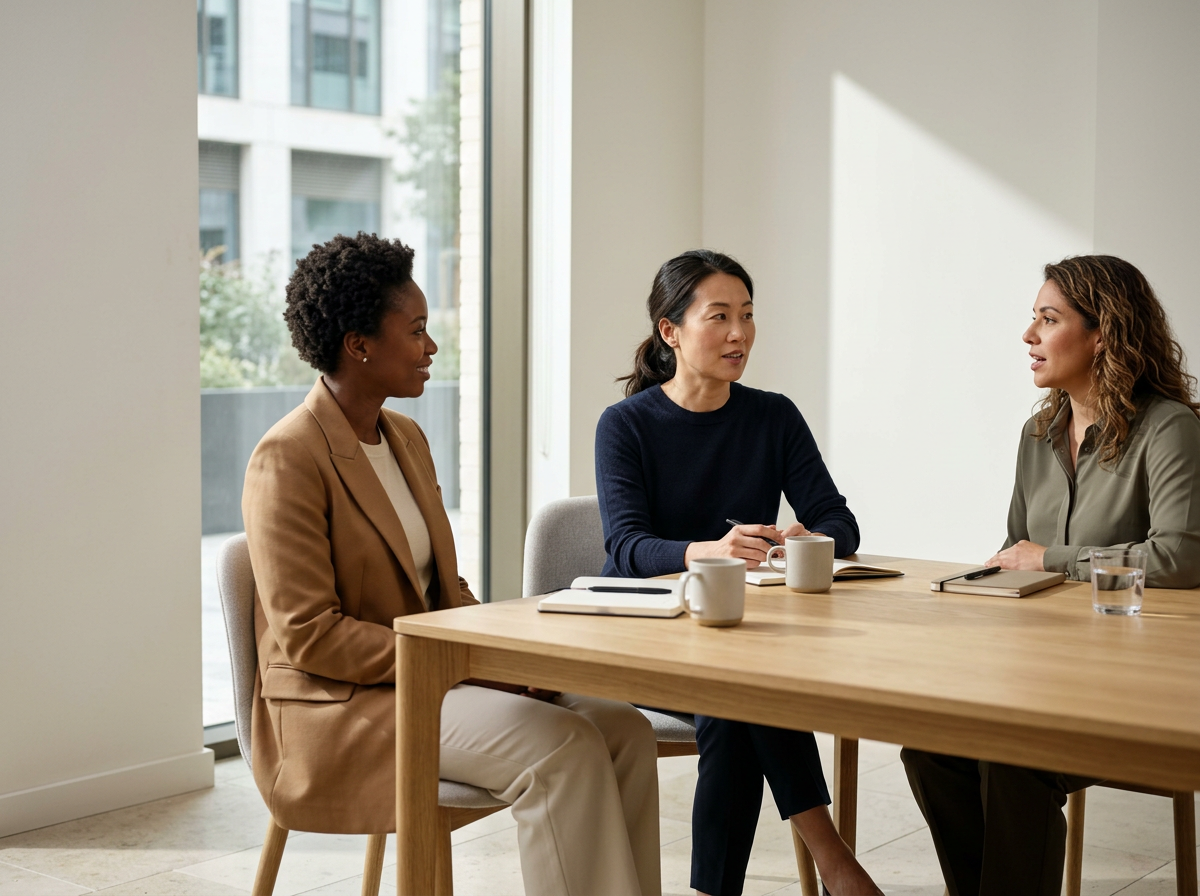 Three women having a business meeting or interview in a bright office, sitting at a wooden table with notebooks, mugs, and a glass of water, with large windows and city buildings in the background.