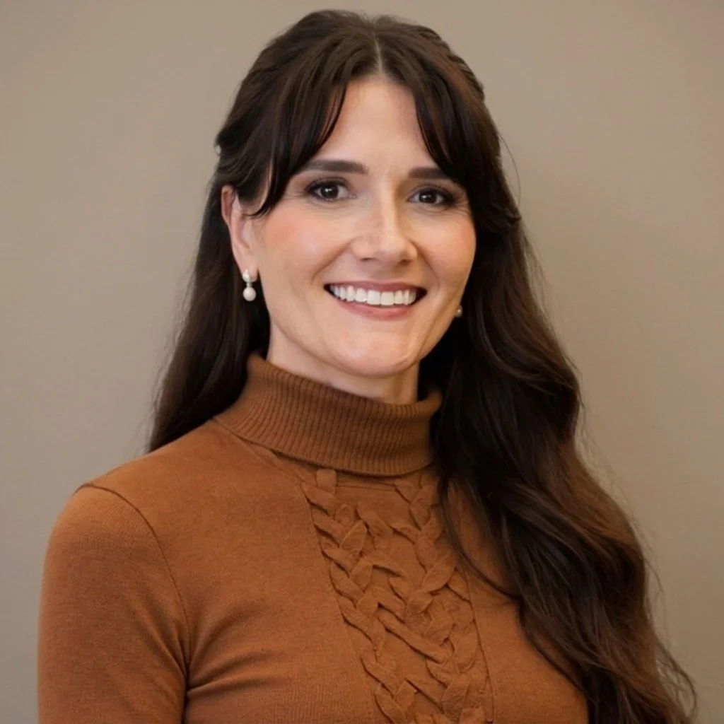 A woman with long dark brown hair wearing a brown turtleneck sweater with a braided detail and pearl earrings, smiling against a neutral background.