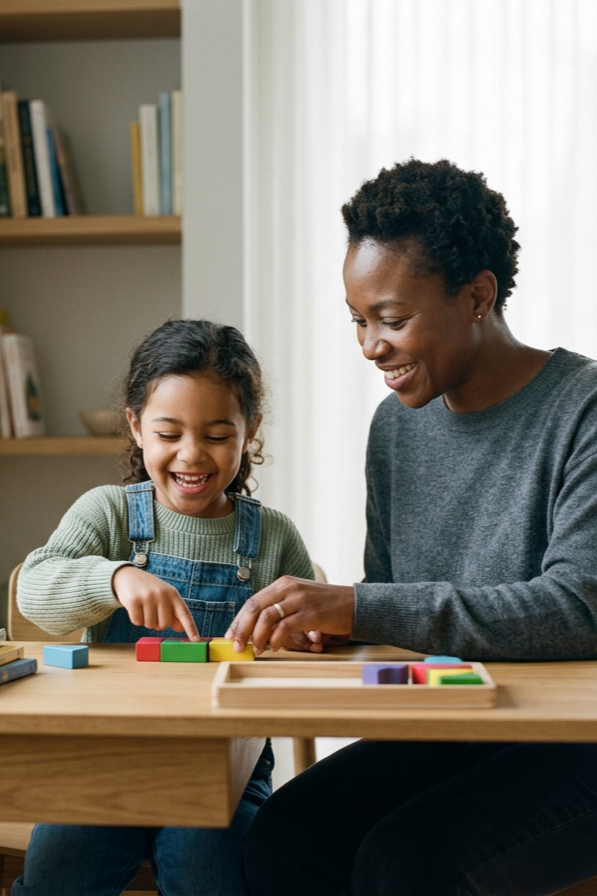 A young girl and an adult woman playing a colorful educational board game at a wooden table, smiling and enjoying their time together.