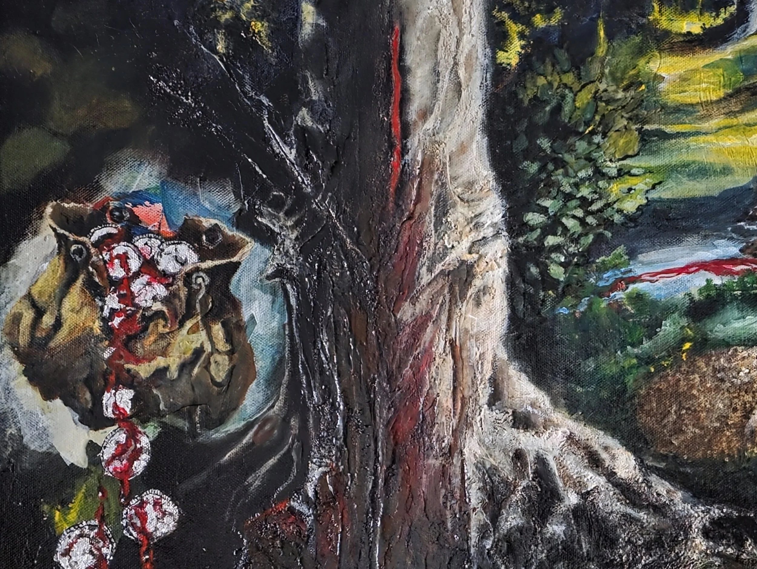 Detail from As The Night Watch Sleeps by Patricia Lee, showing a textured tree and a money bag with blood money within the surreal symbolic landscape.