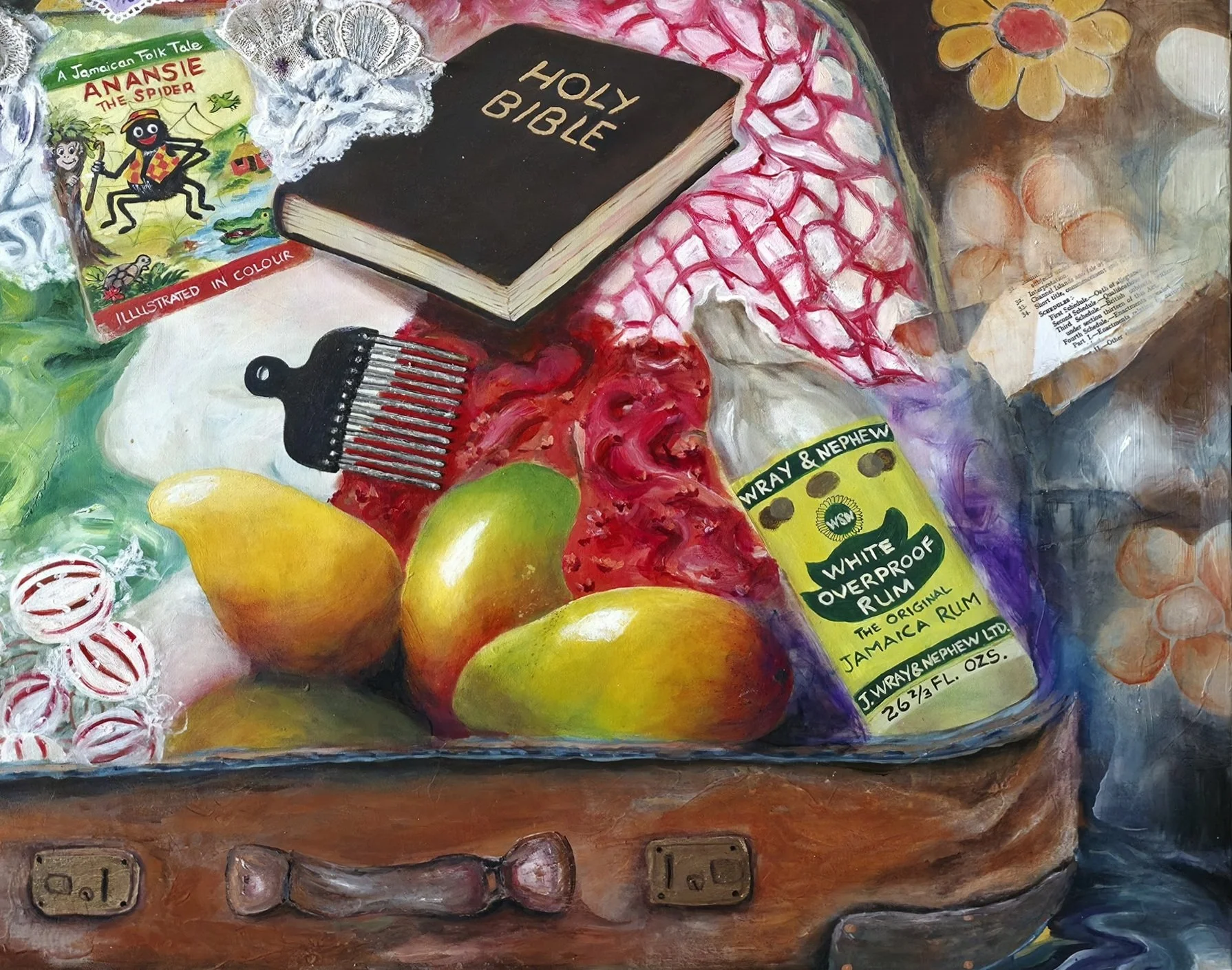 Detail from The Grip by Patricia Lee, featuring a Bible, Anansi book, comb, mangoes and familiar Jamaican items packed in a suitcase, symbolising culture, faith, identity and memories of home by the Windrush journey.