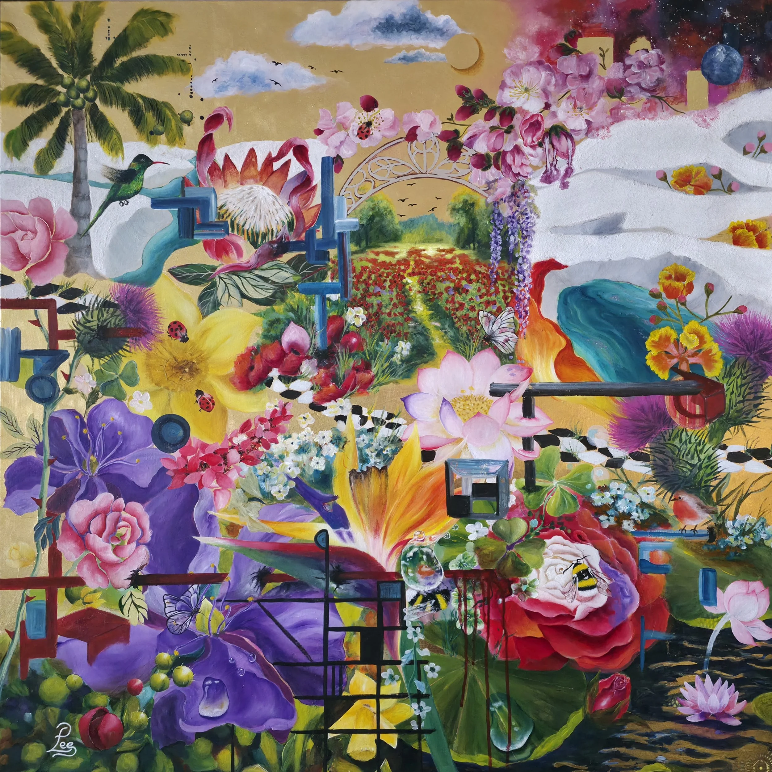 Uncharted Landscape by Patricia Lee featuring a surreal garden, flowers, butterflies, and birds with a sunset and sunrise scene in the background. The artwork incorporates gold leaf, geometric elements and a blend of natural and surreal elements.