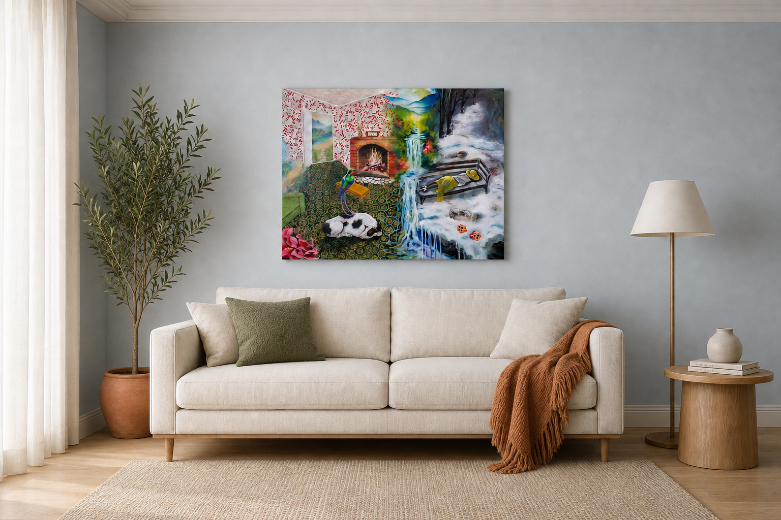 Dis Place by Patricia Lee, displayed in a contemporary living room with a beige sofa, green cushion, brown blanket, tall potted plant, wooden side table, lamp, and beige rug.