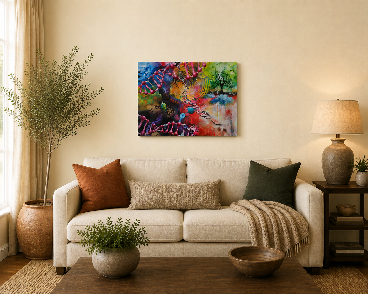 DNA: Code of Life by Patricia Lee displayed in a warm contemporary living room, showing how the colourful abstract painting looks within a home interior.