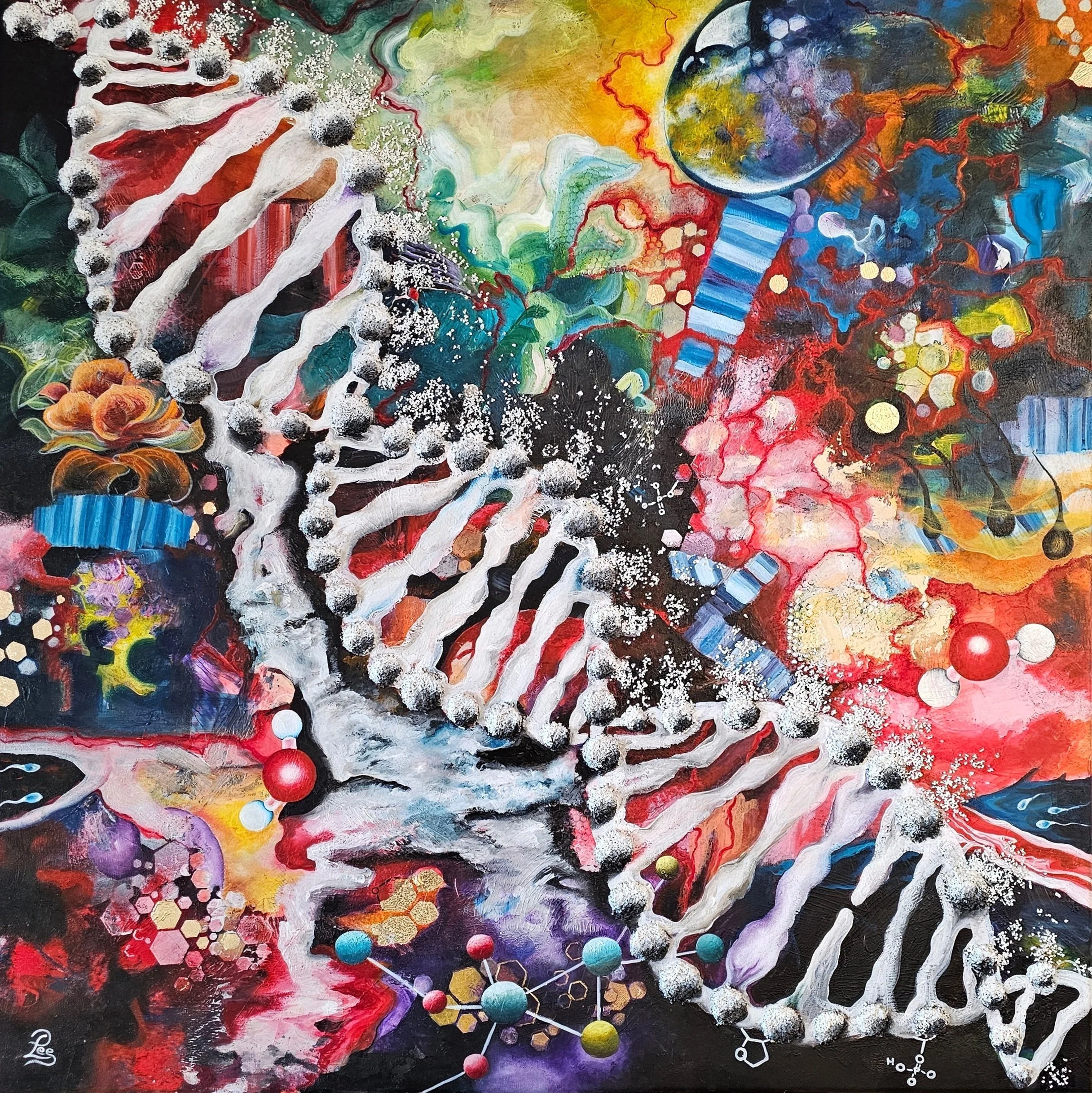 Deoxyribonucleic Acid by Patricia Lee, featuring prominent textured DNA double helixe surrounded by colourful cellular forms, molecular structures, dots, lines and layered abstract marks.