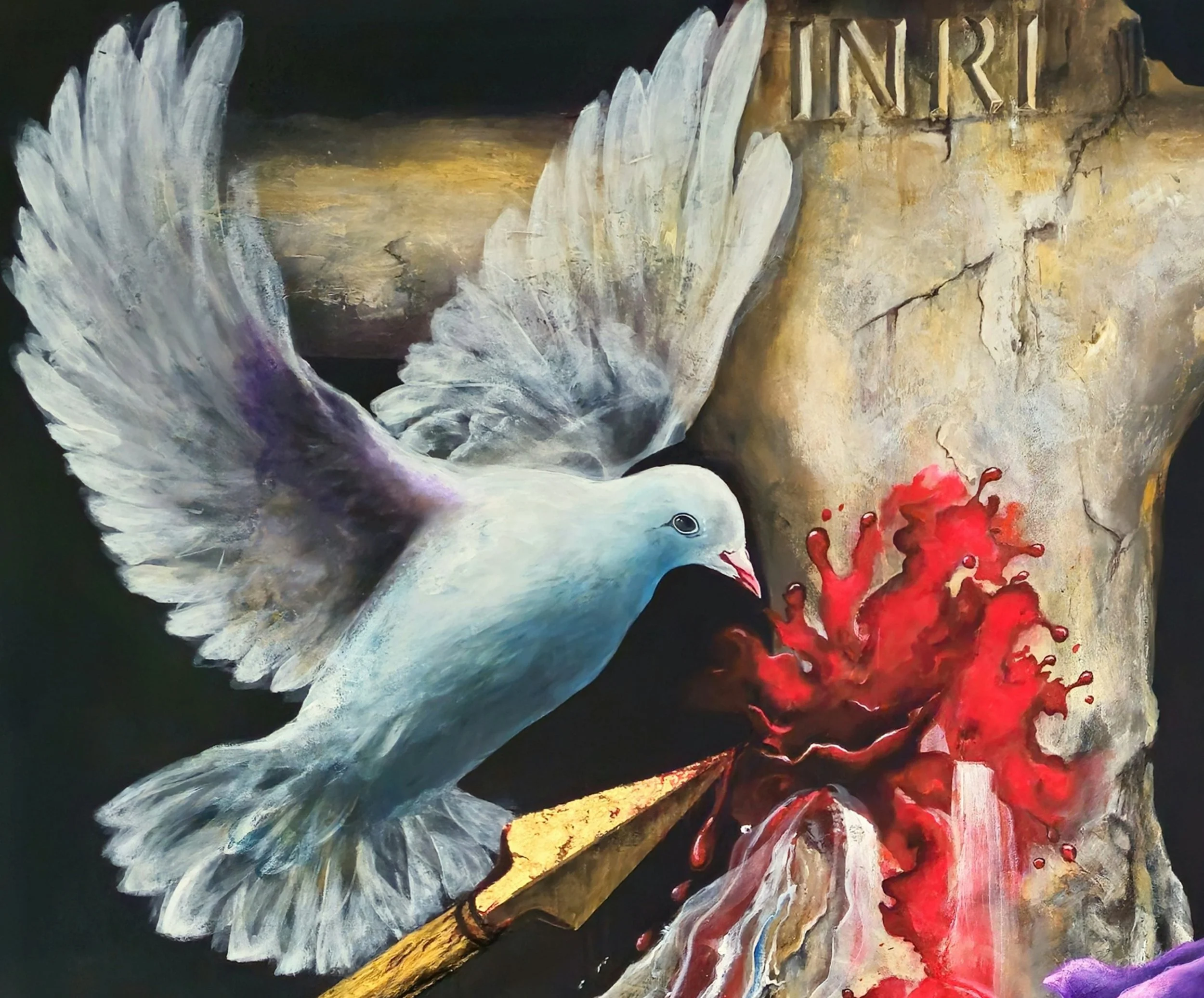 Detail from Crucified: It Is Finished by Patricia Lee, showing the white dove and blood within the symbolic Crucifixion painting.