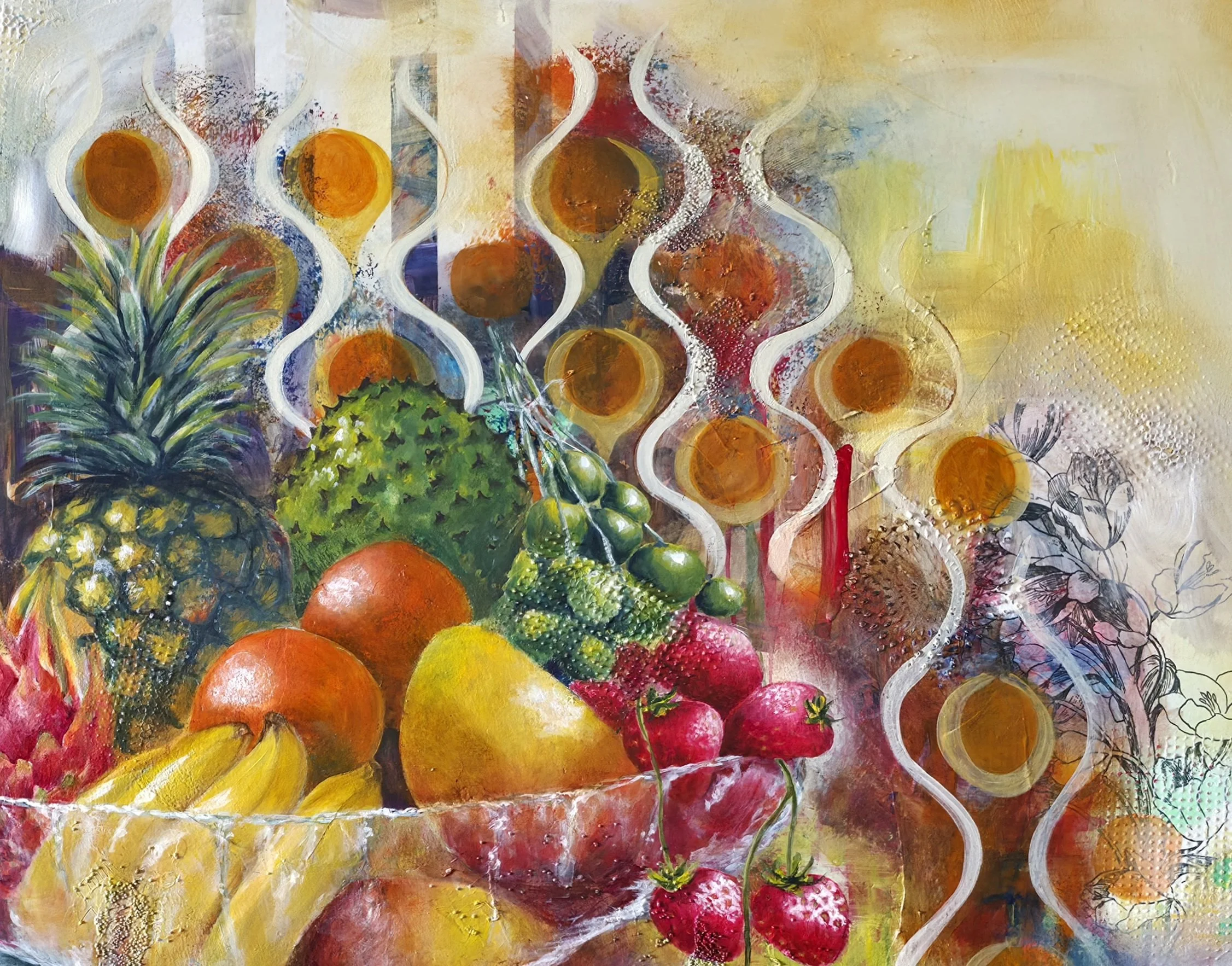 Detail from Firstfruits of the Windrush Generation by Patricia Lee, featuring a bowl of colourful fruits including pineapple, oranges, strawberries and apples, against a richly textured patterned background.