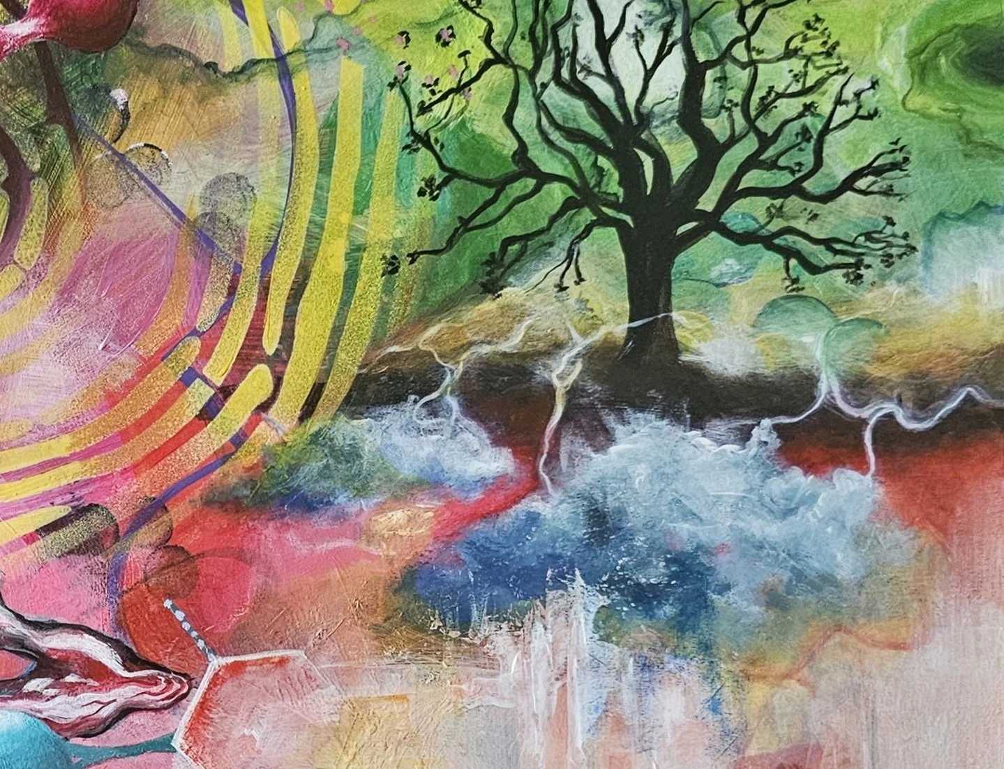 Close-up detail of DNA: Code of Life by Patricia Lee, featuring a black branching tree, curved DNA forms and colourful layered areas of green, yellow, pink, blue and red.