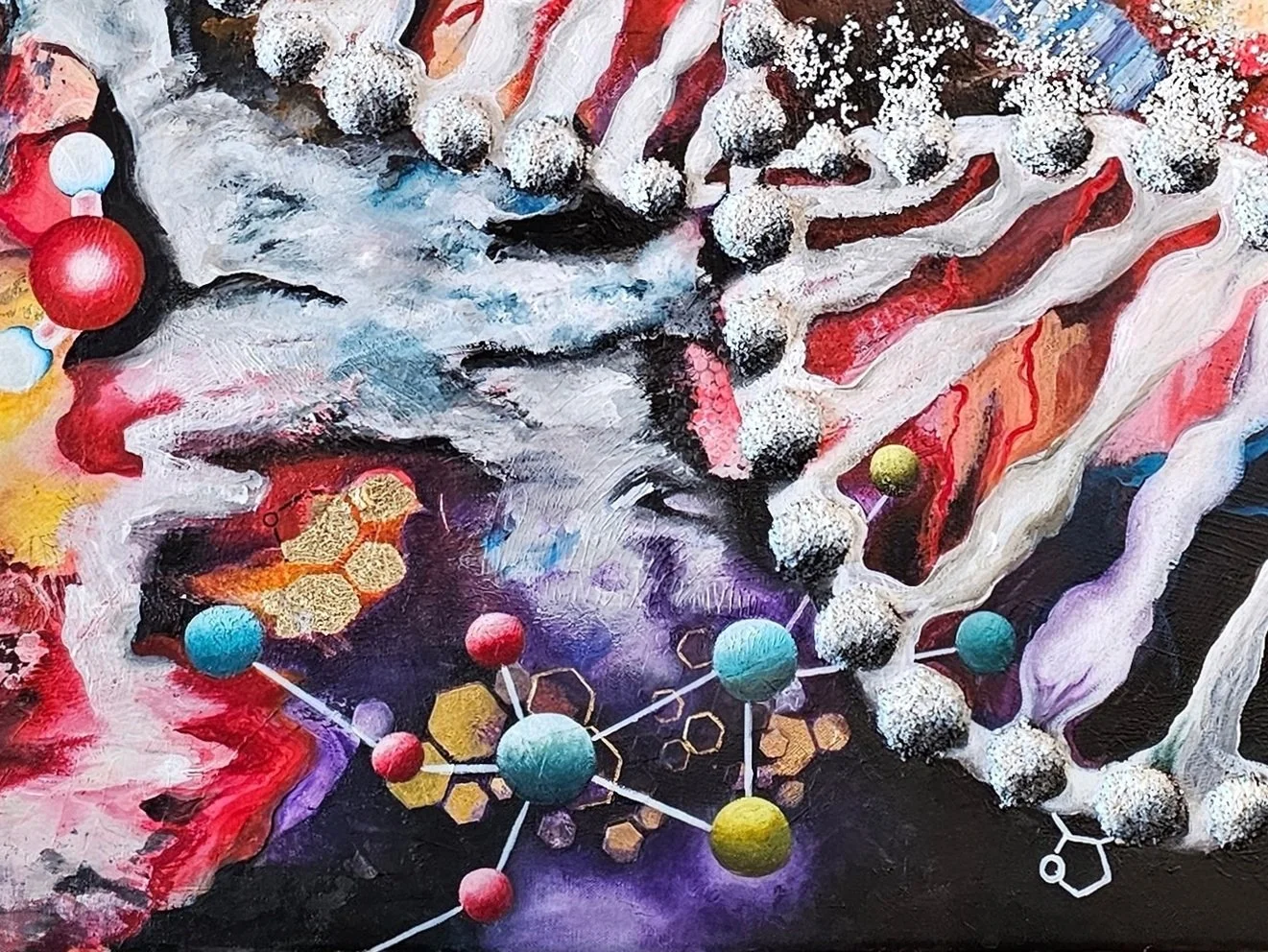 Deoxyribonucleic Acid by Patricia Lee, close-up detail of abstract DNA painting featuring a textured double helix, molecular structures and cellular forms in white, black, red, blue and yellow.