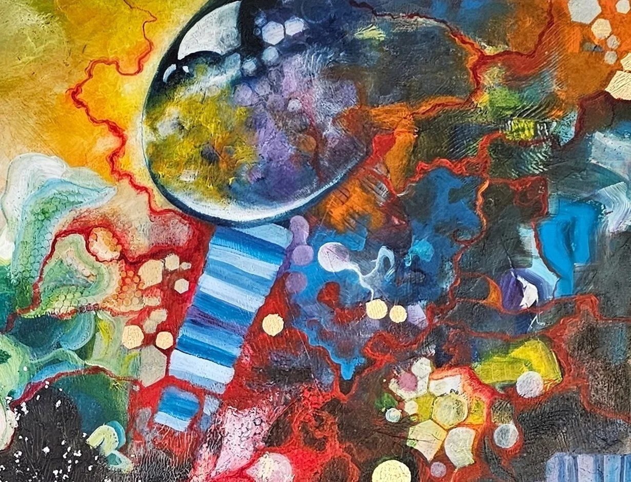 Deoxyribonucleic Acid by Patricia Lee, abstract DNA painting featuring a globe-like form surrounded by cellular shapes, molecular structures and flowing organic patterns in blue, red, orange and yellow.