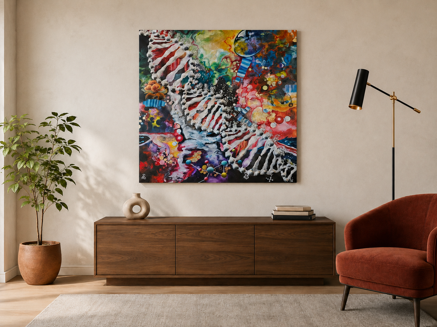 Patricia Lee’s colourful DNA painting displayed in a contemporary Modern living room with a wooden sideboard with a beige ceramic vase and stacked books, a potted plant, a red armchair, and a black and gold floor lamp.
