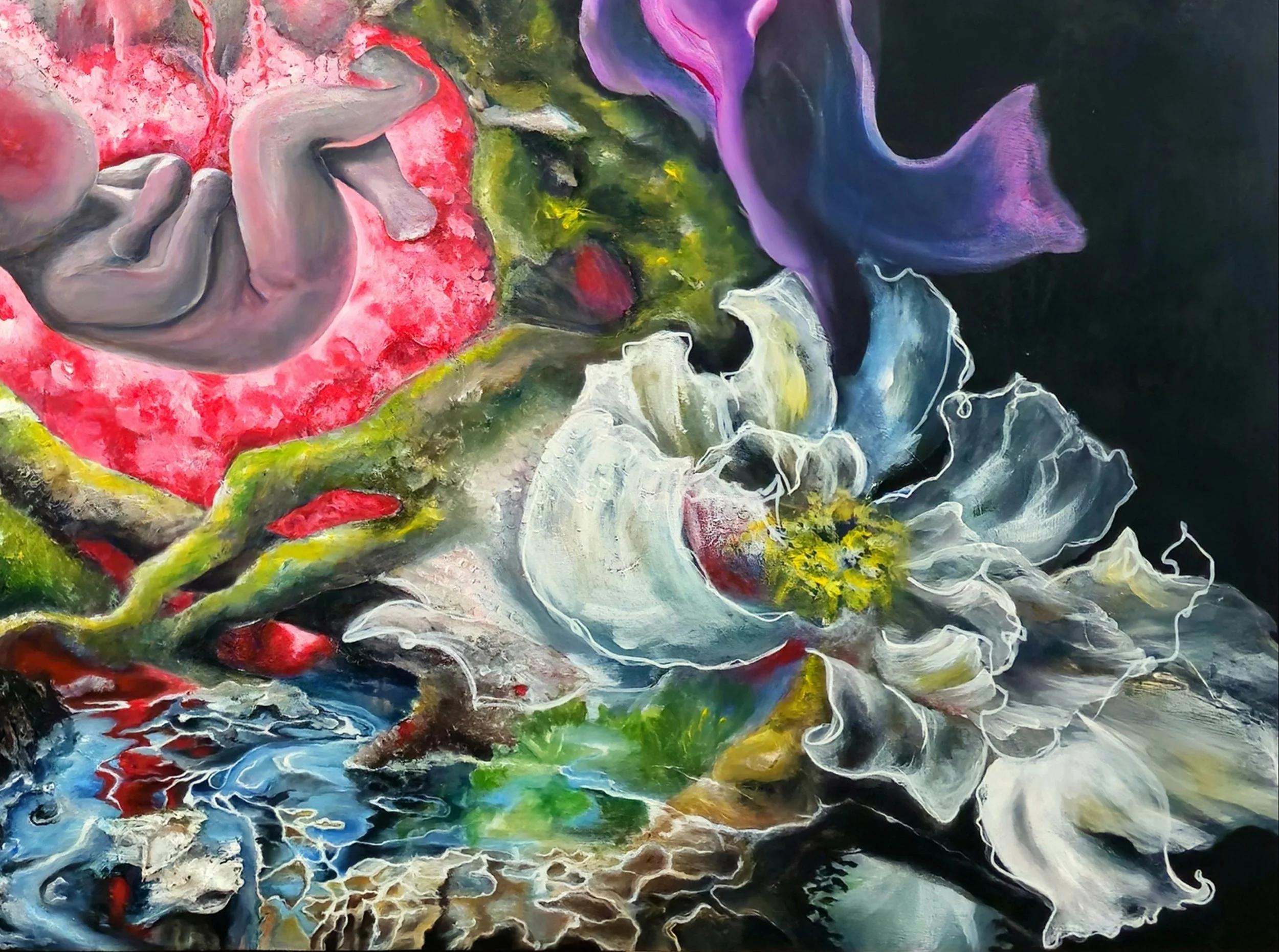 Detail from Crucified: It Is Finished by Patricia Lee, showing flowing blood and water, organic forms and layered textures within the symbolic Crucifixion scene.