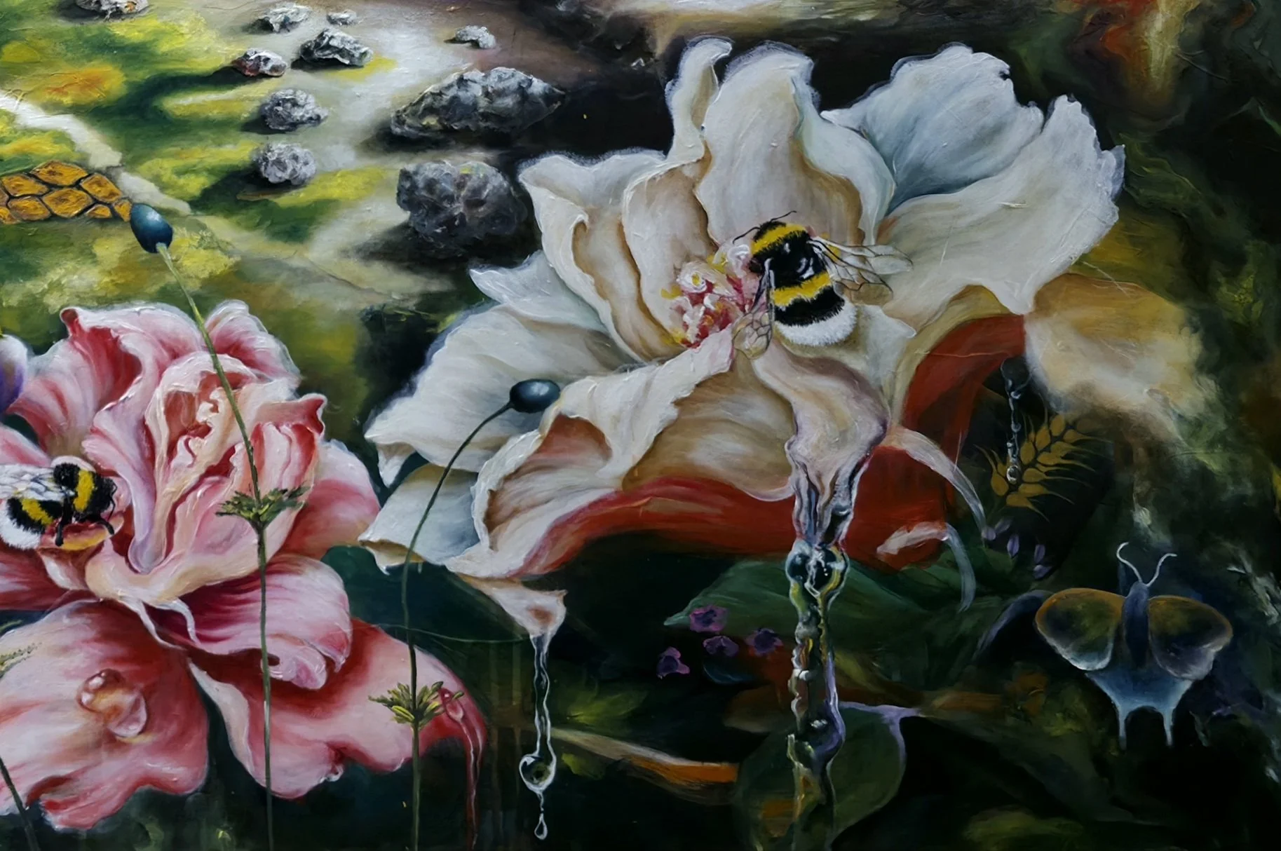 Detail from After Three Days And Nights by Patricia Lee, showing flowers, bees, water and lush foliage within the surreal Resurrection painting.