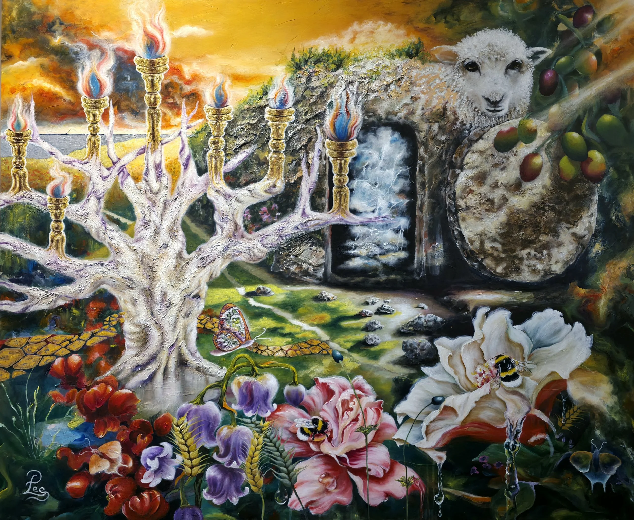 After Three Days And Nights by Patricia Lee, a surreal mixed media painting depicting the Resurrection with a tomb, Tree of Life, seven golden lampstands, lamb and flowers.