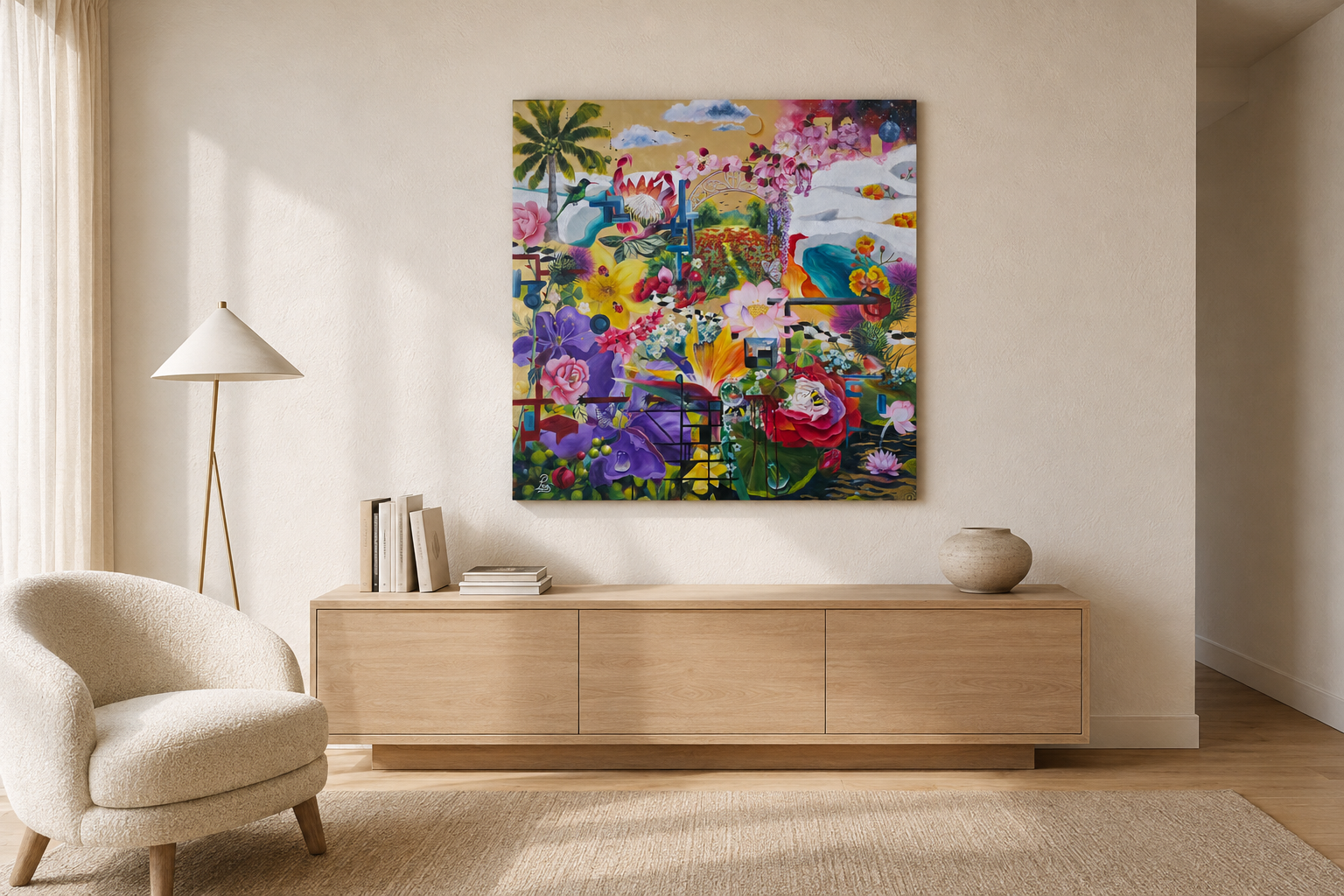 Uncharted Landscape by Patricia Lee, a large colourful floral painting, displayed on an ivory wall in a contemporary living room with a cream armchair, wooden sideboard, floor lamp, books and decorative vase.