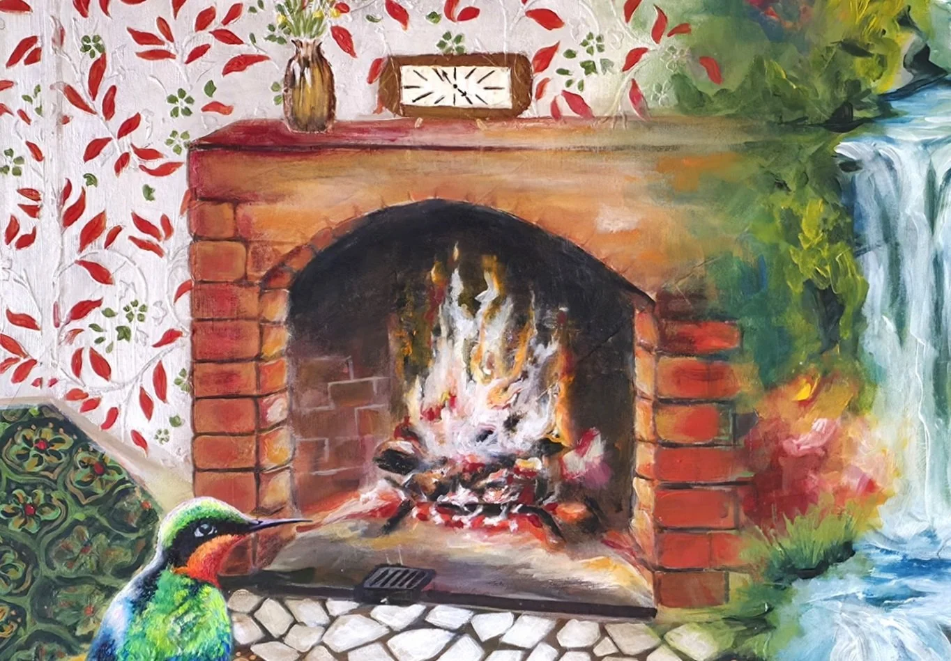 Detail from Dis Place by Patricia Lee, featuring a glowing brick fireplace, patterned wallpaper, a mantel clock, decorative objects, a colourful bird and trailing greenery.