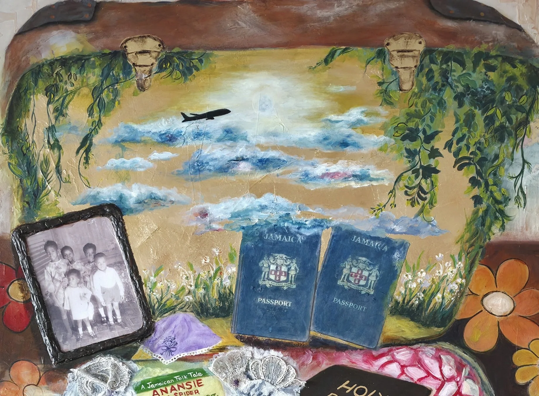 Detail from The Grip by Patricia Lee, featuring Jamaican passports and a black and white family photograph in a frame, with various tropical-themed items, including flowers and green foliage, with a surreal silhouette airplane in a golden sky.
