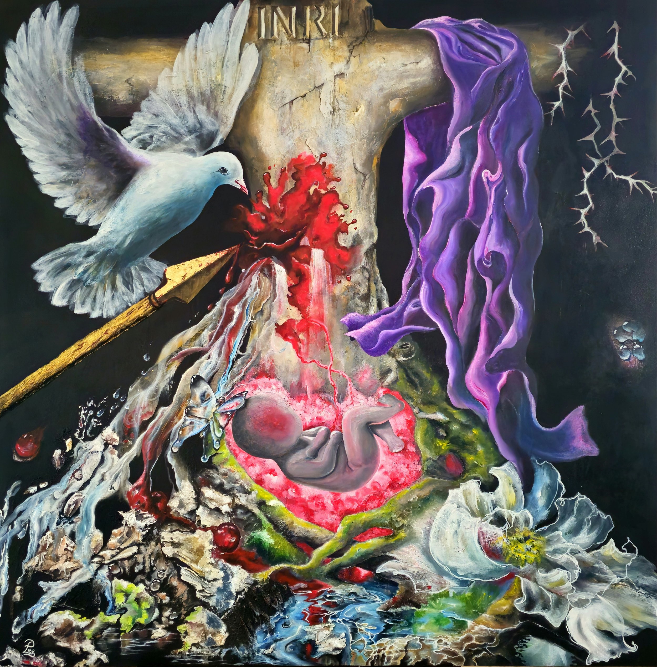 Crucified: It Is Finished by Patricia Lee, a surreal mixed media painting depicting the Crucifixion through a Tree of Life cross, dove, crown of thorns, blood and water.