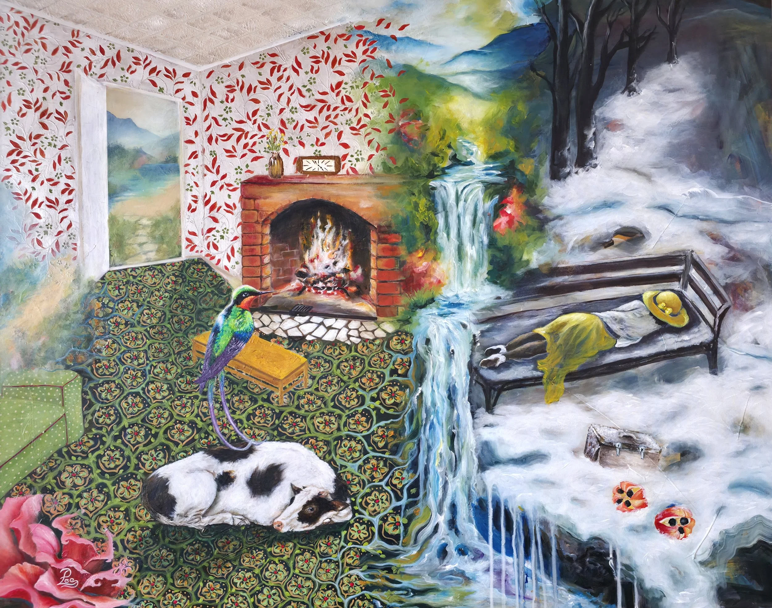 Dis Place by Patricia Lee, a surreal Windrush painting contrasting memories of home with a waterfall, trees, and nature landscape in a colorful painting. Indoor is a fireplace, a cow on patterned carpet, a bird, and some flowers.