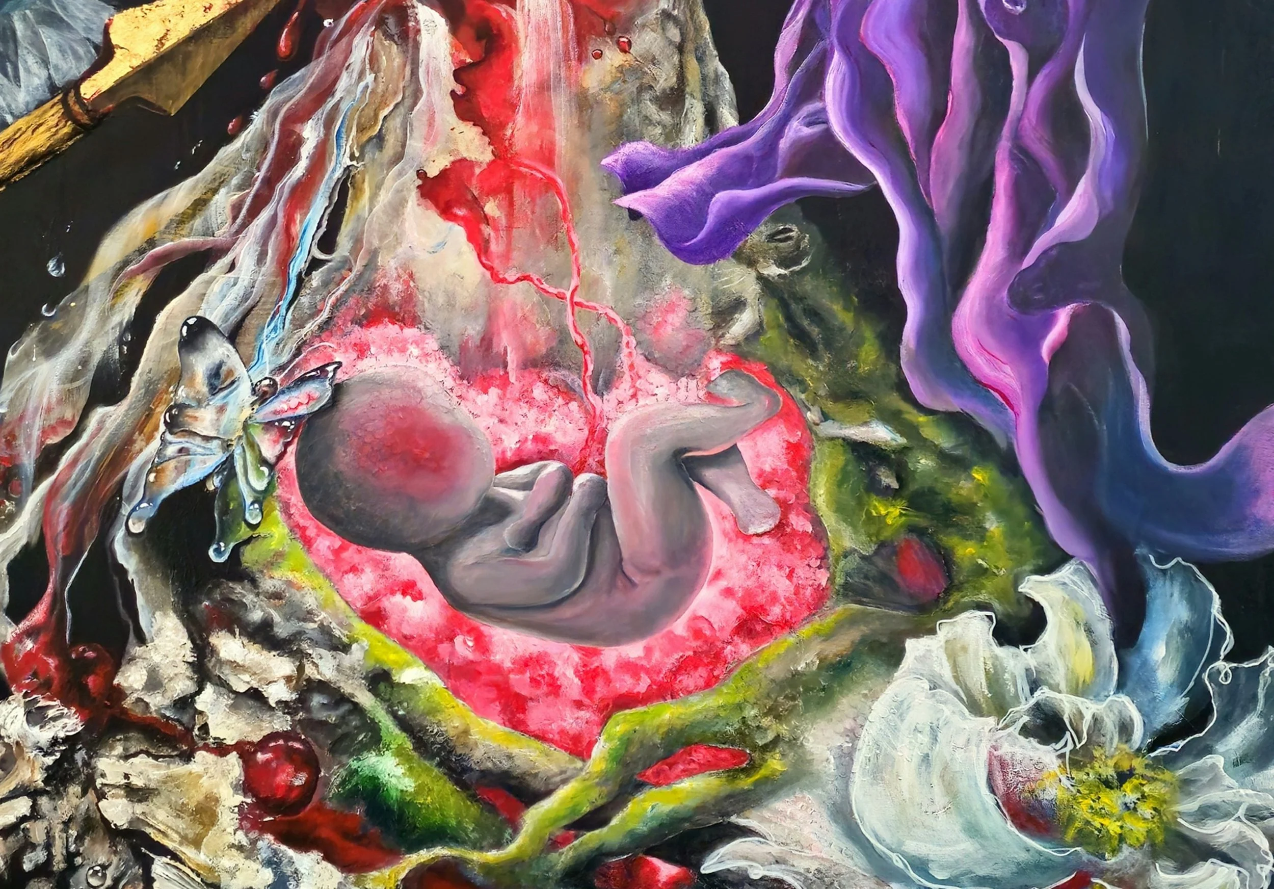 Detail from Crucified: It Is Finished by Patricia Lee, showing blood and water flowing from Christ’s pierced side amid richly textured symbolic forms.