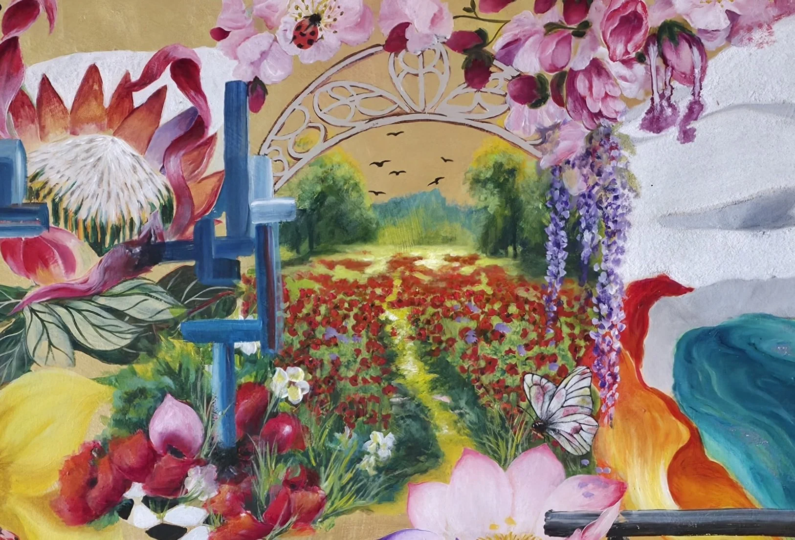 Detail from Uncharted Landscape by Patricia Lee, featuring a pathway with a silver gateway,  through a field of red poppies, surrounded by tropical plants, fruit, trees, butterfly and golden sky.