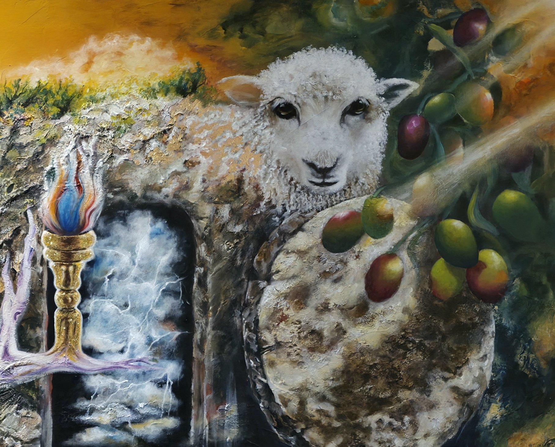 Detail from After Three Days And Nights by Patricia Lee, showing the symbolic lamb, tomb entrance and natural elements within the surreal Resurrection painting.