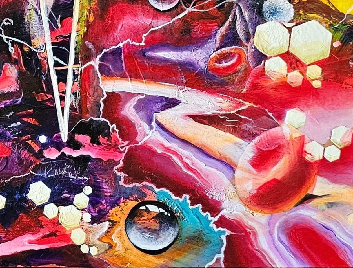 BiomatterScape by Patricia Lee, detailing abstract colorful painting with swirling patterns, electric lines, honeycomb shapes, and a large eye.