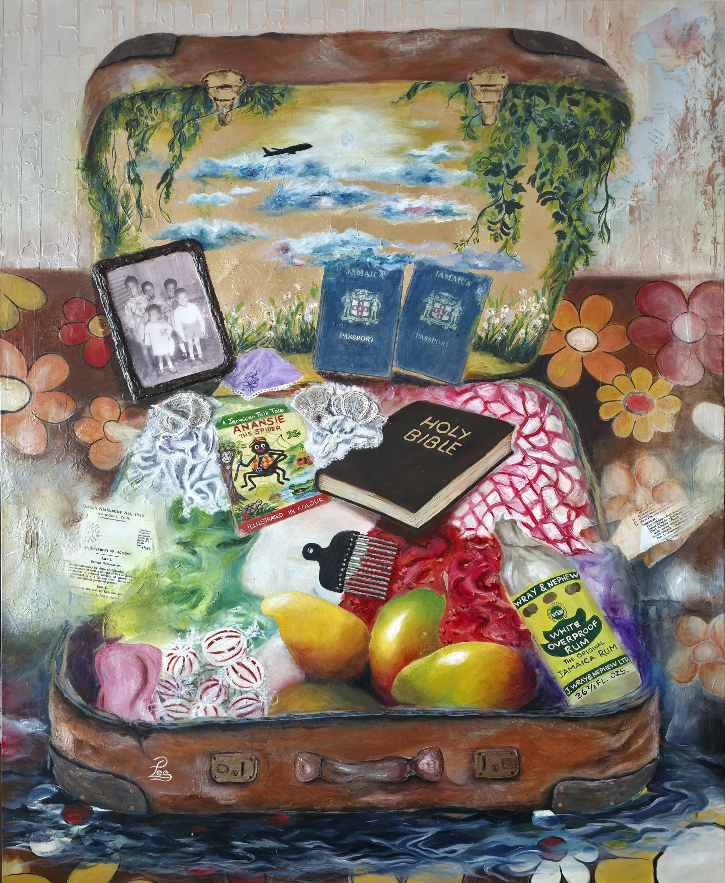 The Grip by Patricia Lee, a surreal Windrush painting depicting an open suitcase filled with treasured possessions, including passports, a Bible, family photographs, fruit and personal belongings symbolising migration, memory and home.