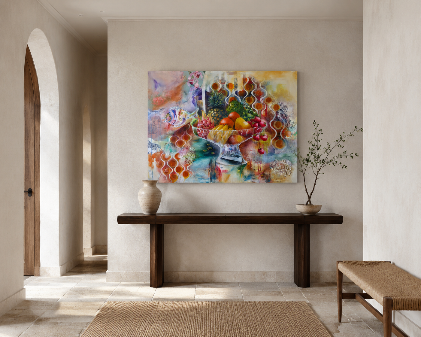 Firstfruits of the Windrush Generation by Patricia Lee displayed on a neutral wall in a contemporary interior with a dark wood console table, decorative vase, plant and arched doorway.