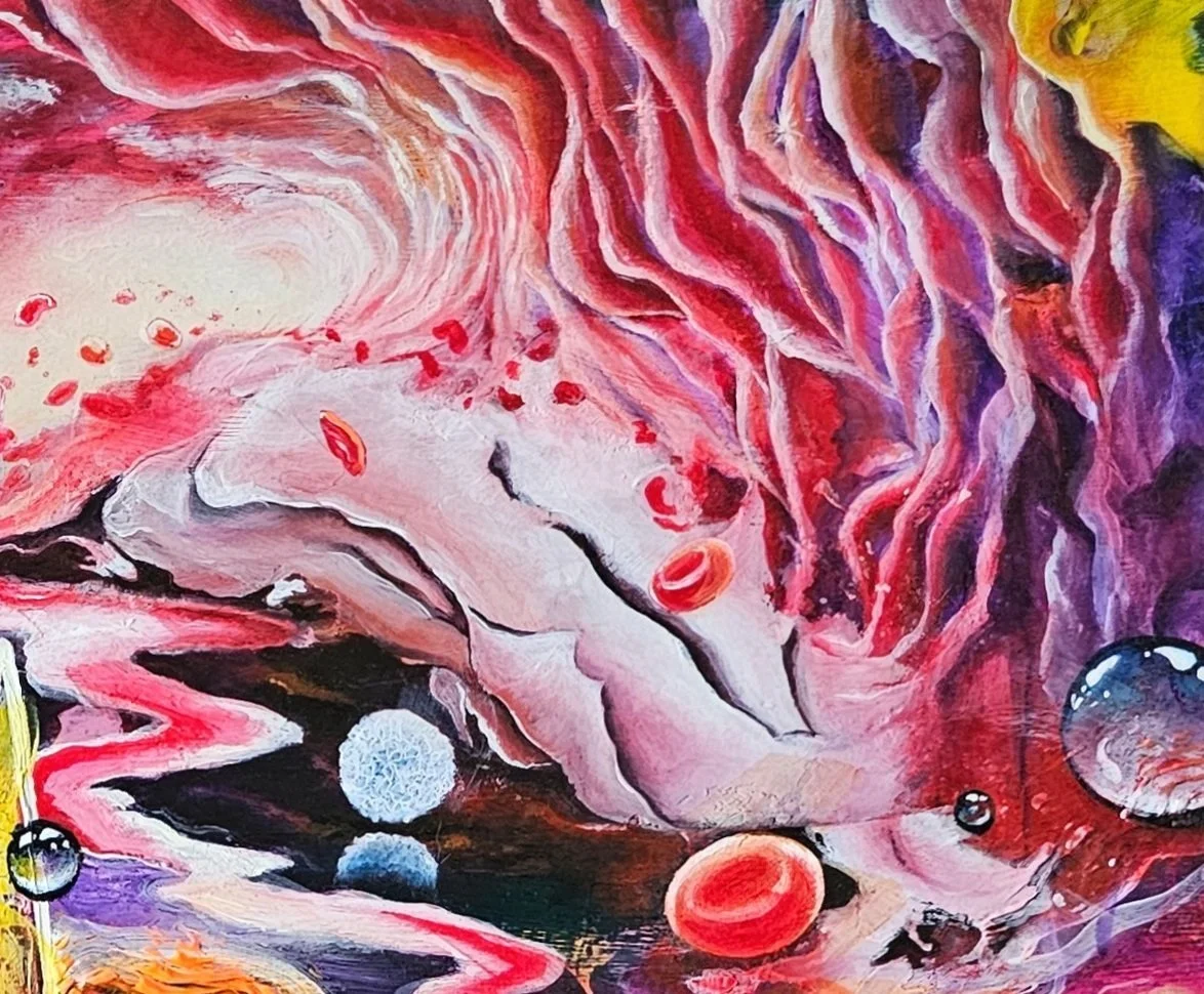 BiomatterScape by Patricia Lee, detail of abstract painting with swirling patterns and vibrant colors, including red, purple, black, and white, featuring bubbles and flowing shapes.