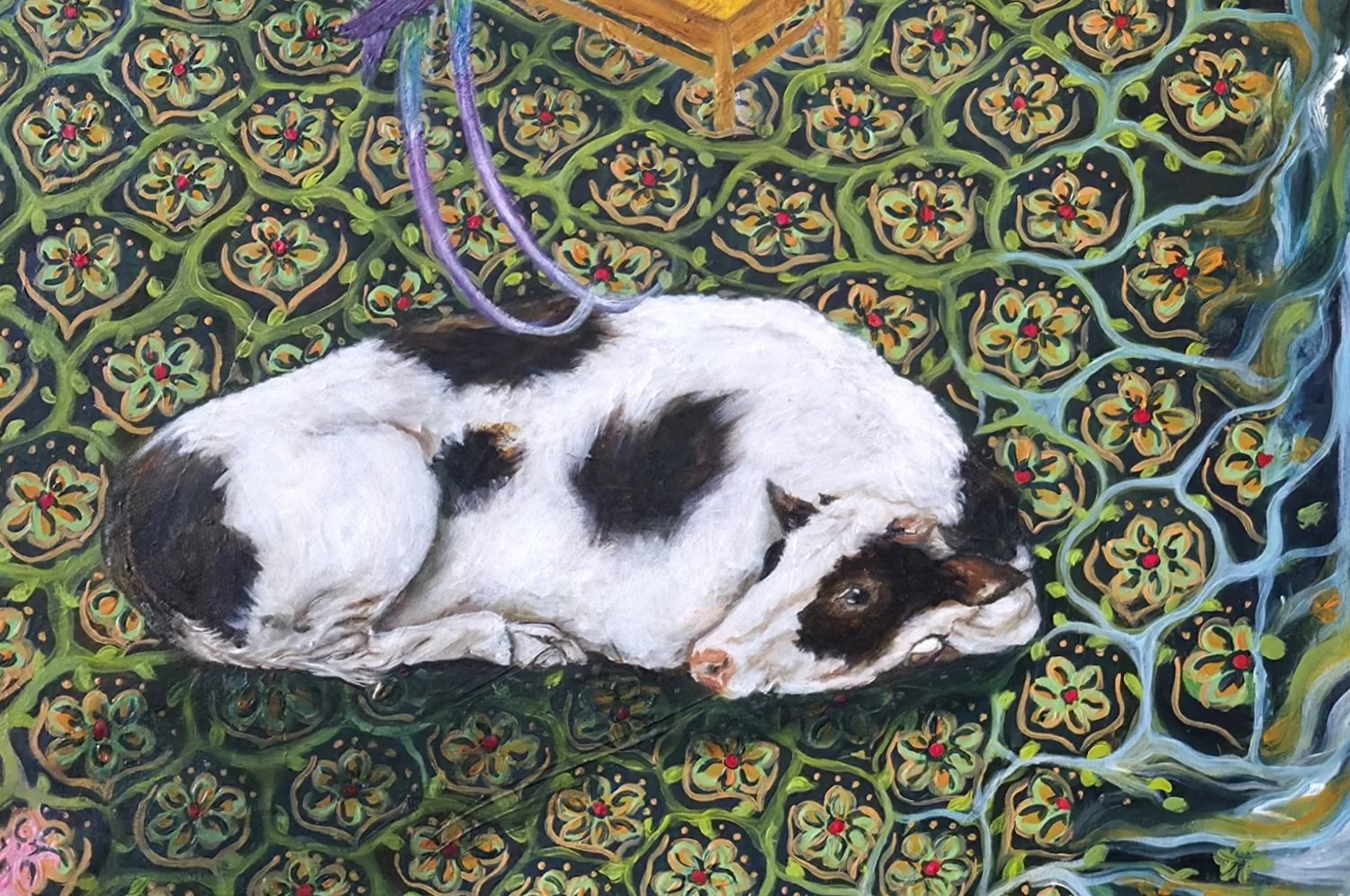 Detail from Dis Place by Patricia Lee, featuring a black and white cow resting on richly patterned green carpet.