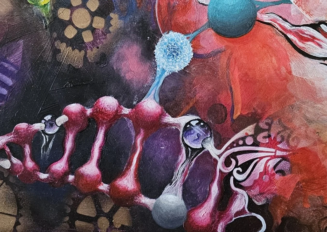 Close-up detail of DNA: Code of Life by Patricia Lee, showing a DNA double helix surrounded by colourful cells, molecular forms and organic structures in red, pink, purple and blue.