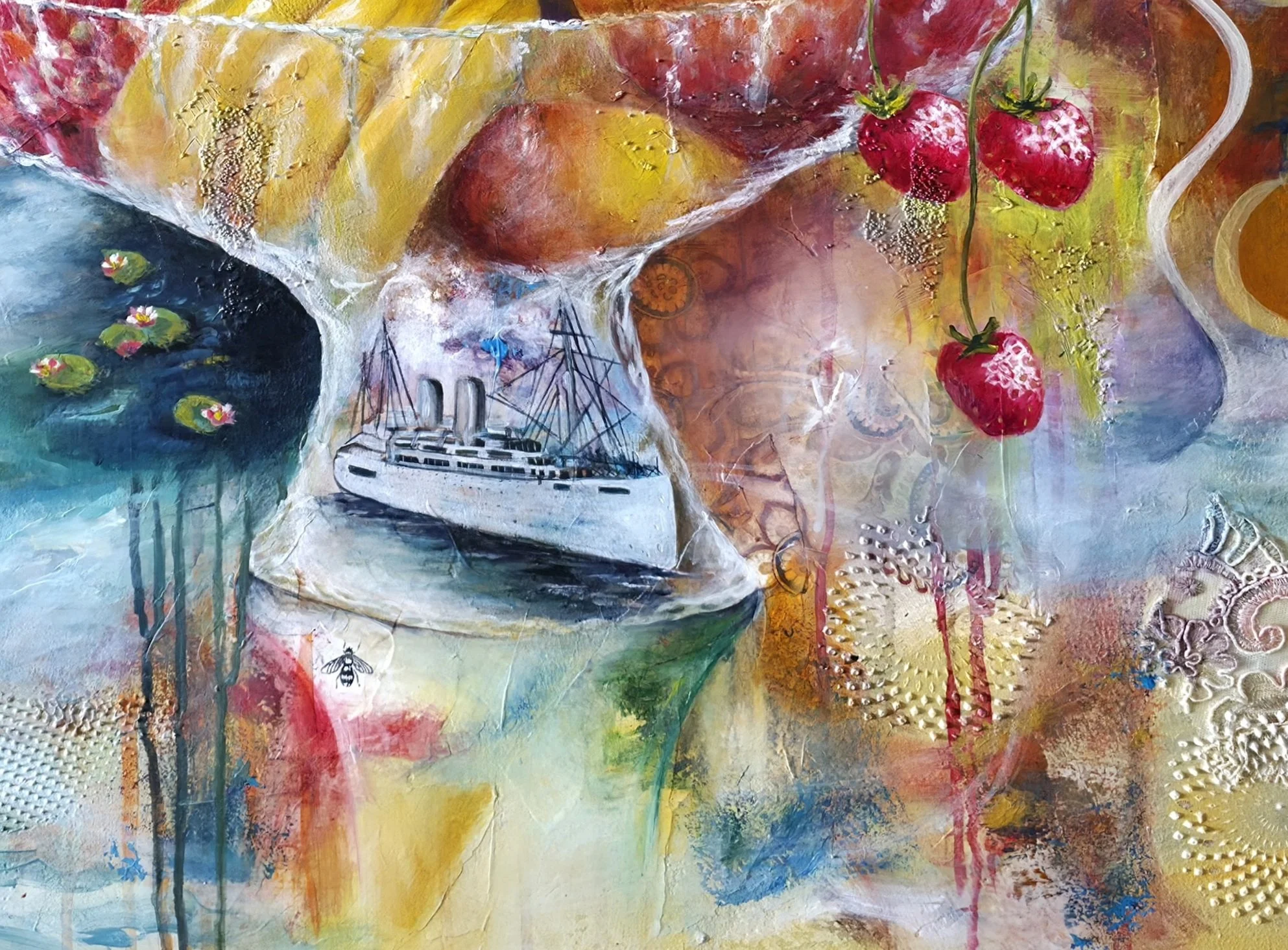 Detail from Firstfruits of the Windrush Generation by Patricia Lee, featuring strawberries, a small ship on water, water lilies and layered areas of gold, yellow, red and blue.