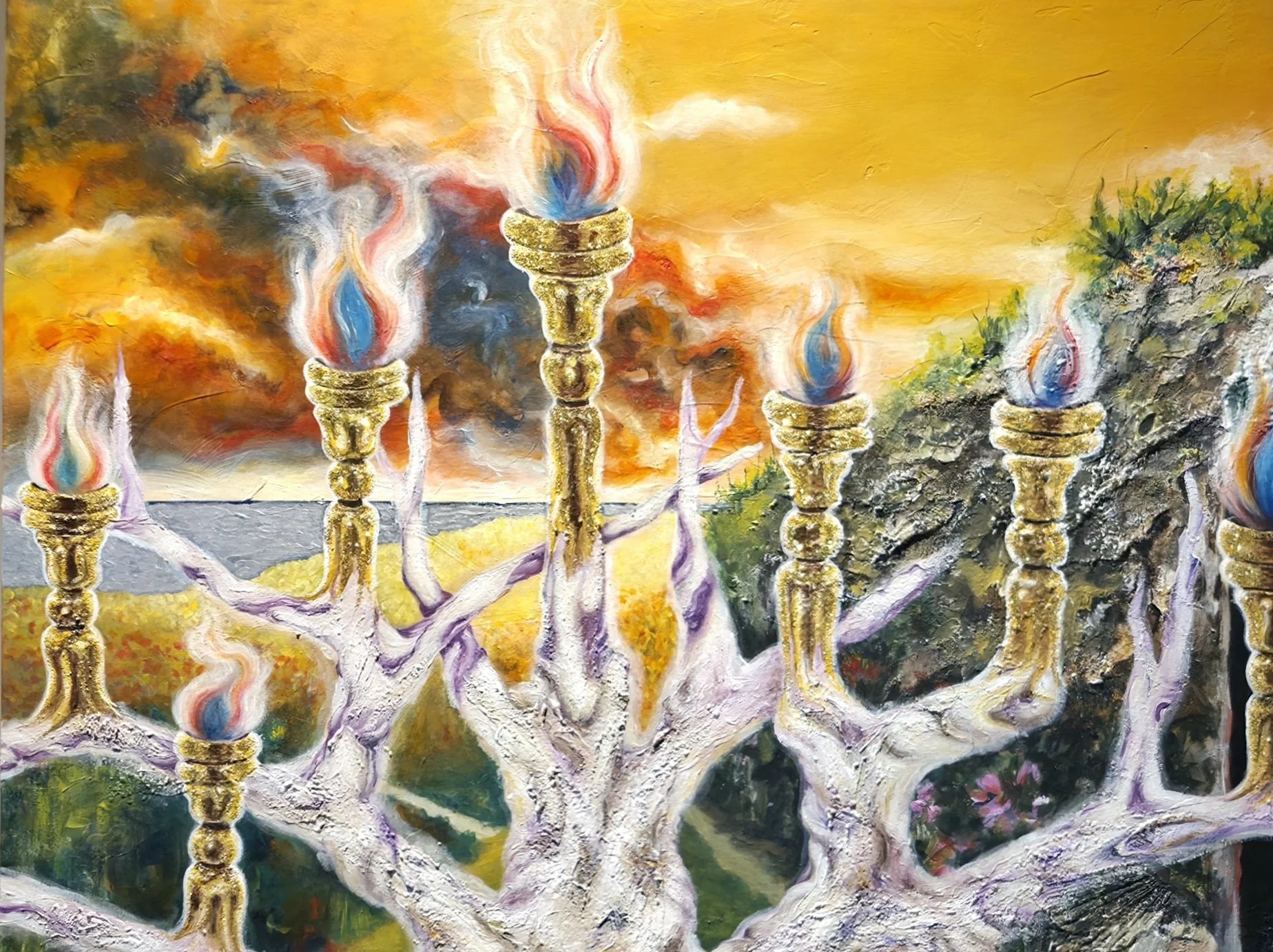 Detail from After Three Days And Nights by Patricia Lee, showing the Tree of Life bearing seven golden lampstands against a luminous sky.