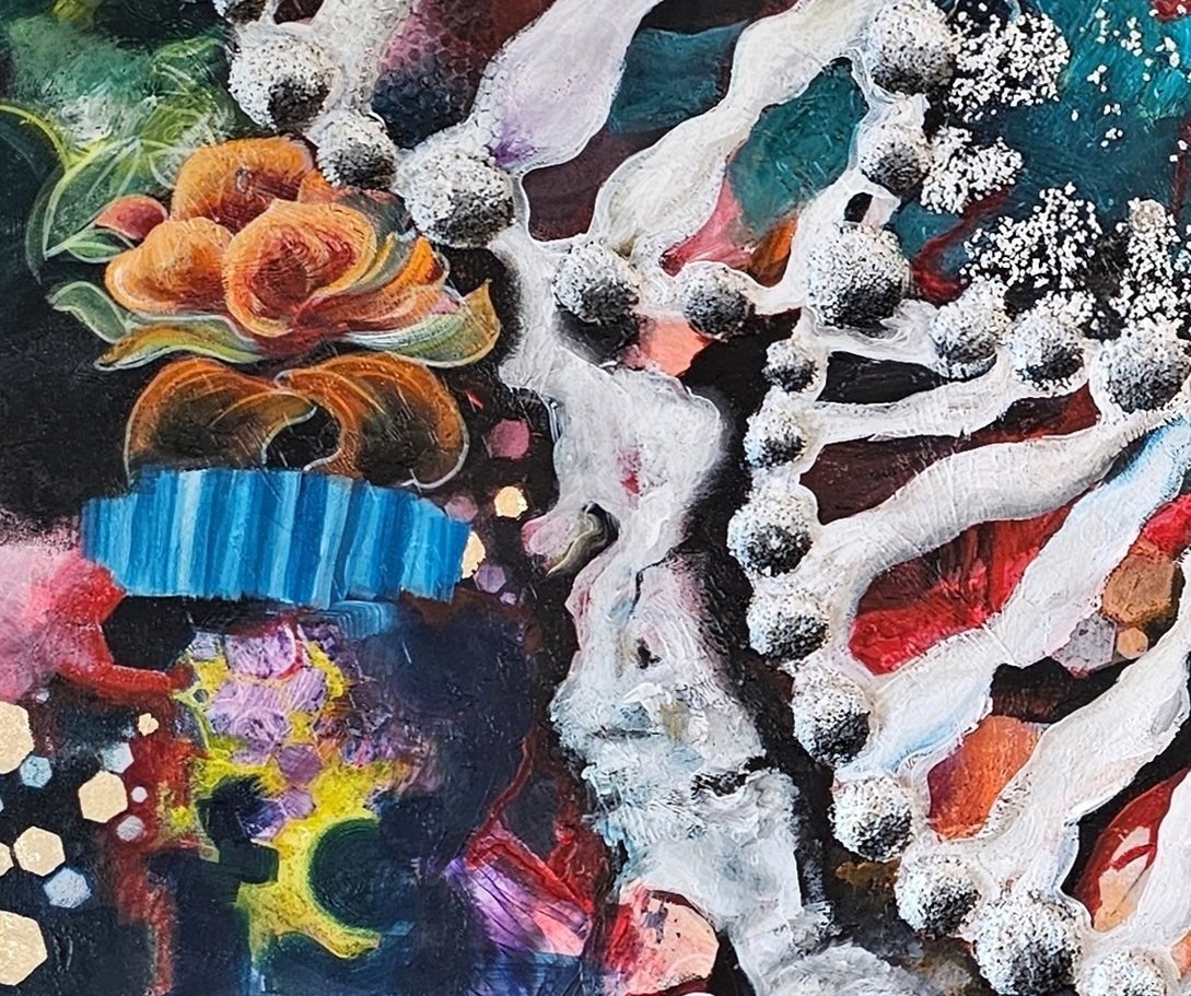 Deoxyribonucleic Acid by Patricia Lee, close-up detail of an abstract DNA painting featuring a textured white double helix surrounded by molecular forms, cellular patterns and layered areas of red, blue, yellow, purple and black.