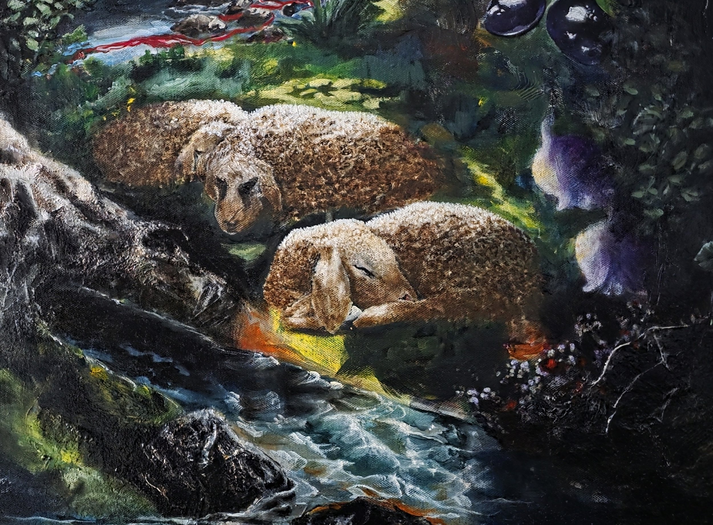 Detail from As The Night Watch Sleeps by Patricia Lee, showing three sleeping sheep beside flowing water within a dark, dreamlike forest landscape.