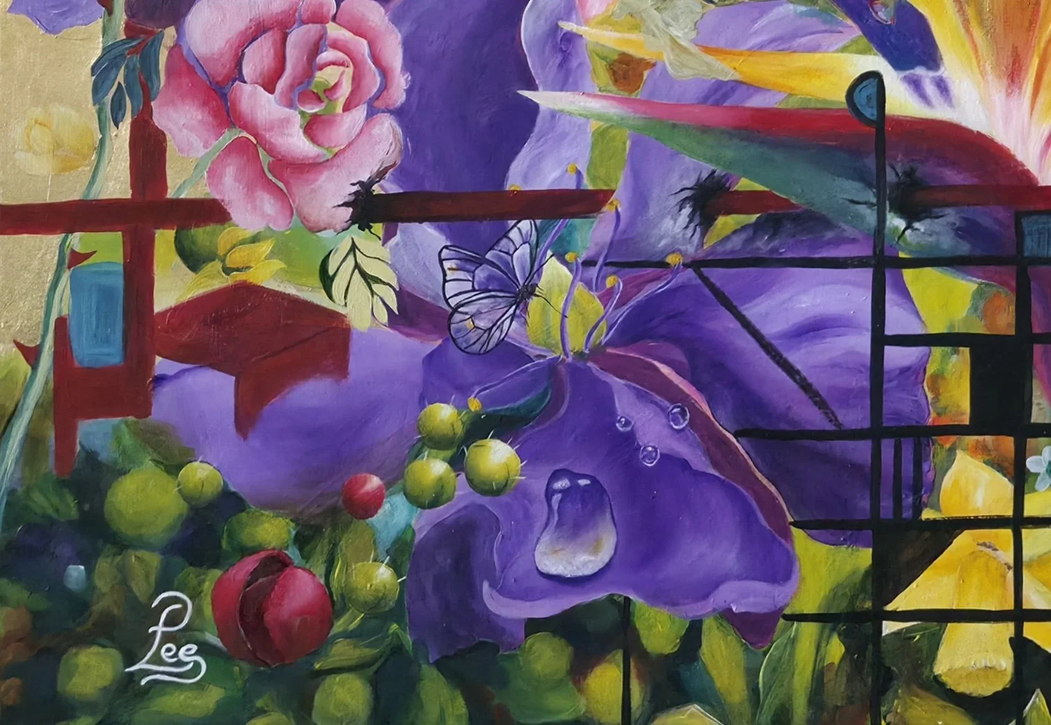 Detail from Uncharted Landscape by Patricia Lee, featuring bright purple flowers, a transparent butterfly, pink rose, geometric grid patterns with vibrant purple, pink, yellow, green, and blue colors.