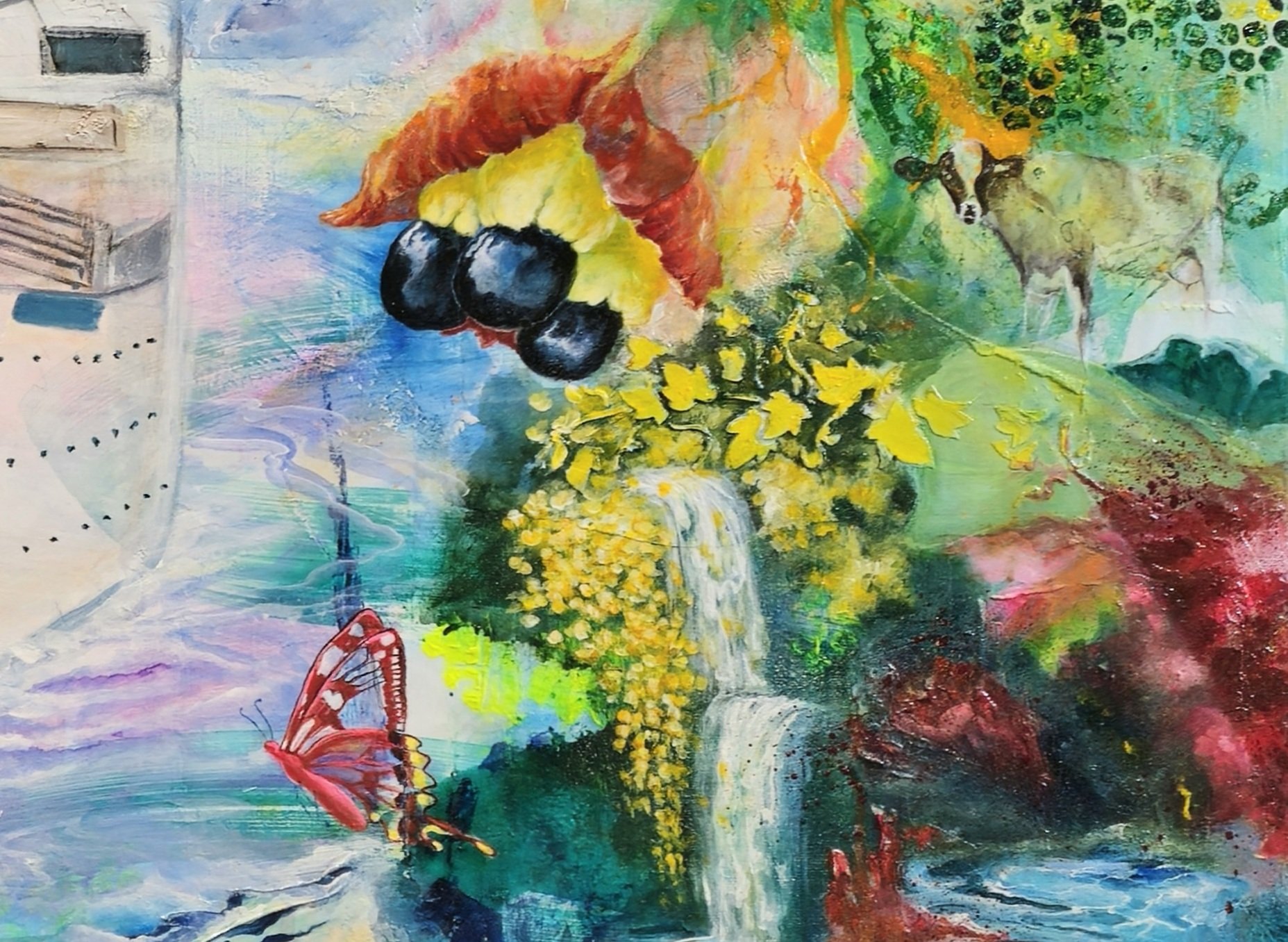 Detail from Windrush: Journey of Discovery by Patricia Lee, featuring a cow, ackee, butterfly and vibrant layered forms within the surreal Windrush landscape.