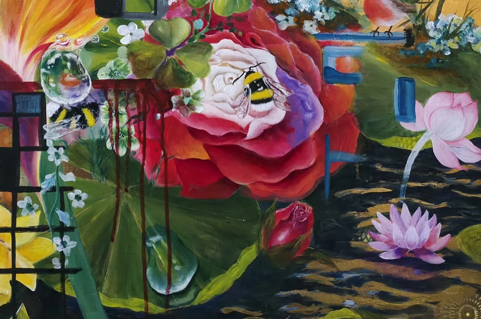 Detail from Uncharted Landscape by Patricia Lee, a vibrant painting of a pond scene with large pink and red water lilies, green lily pad, bees  includes lush foliage and abstract elements with a splash of colorful sky reflected in the water.