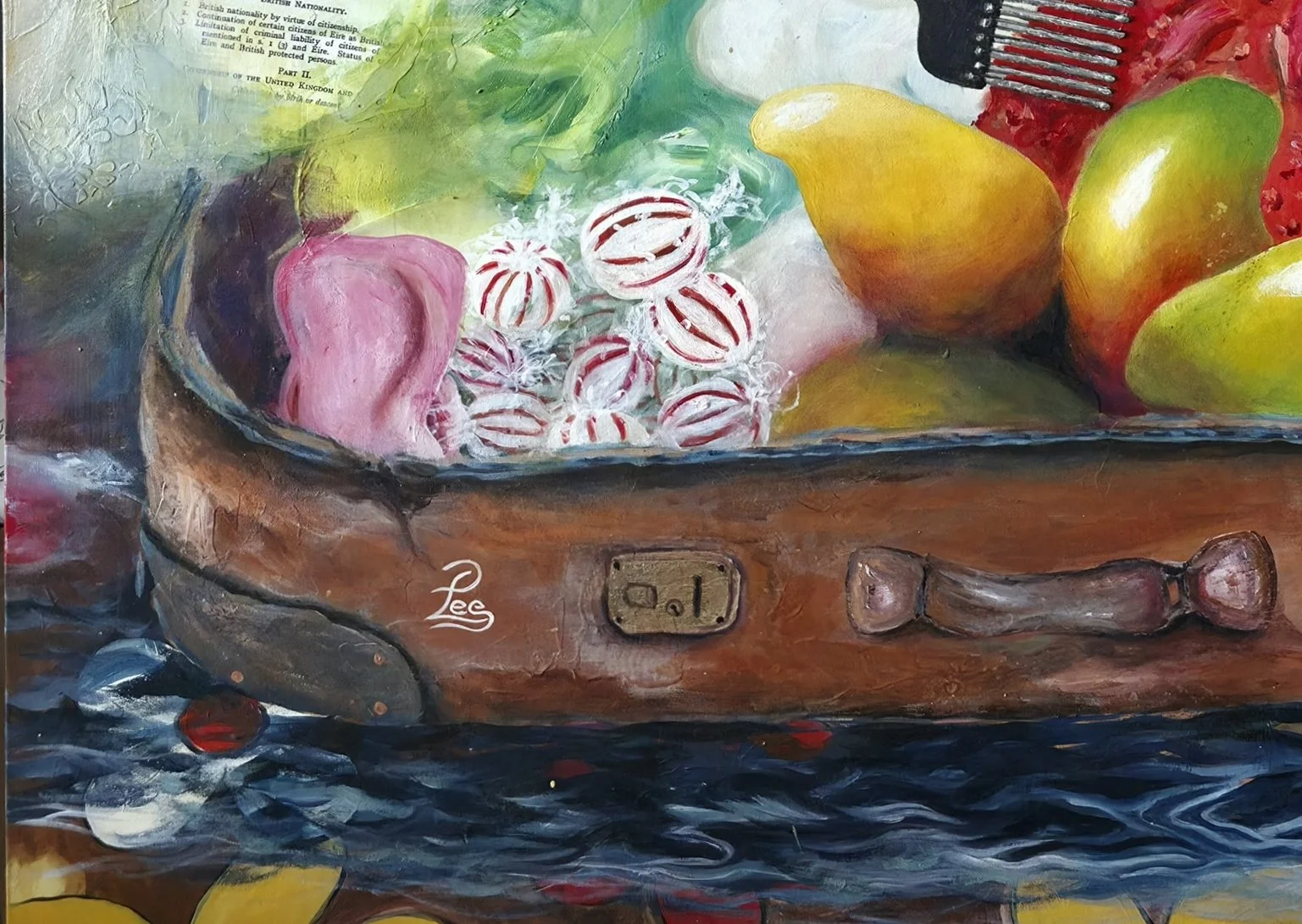 Detail from The Grip by Patricia Lee, showing mangoes, pink and white striped mint sweets, a heavily worn brown suitcase, on water and a textured background.