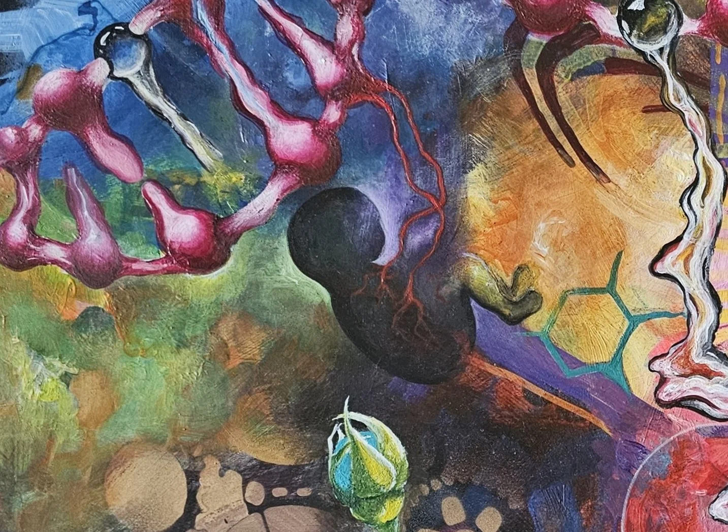 Close-up detail of DNA: Code of Life by Patricia Lee, showing a DNA strand, cellular forms and layered organic structures in blue, purple, orange, green and black.